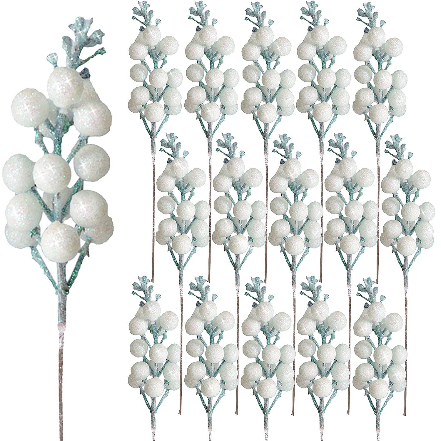 Pack of 16 Christmas Glitter Berry Stem
