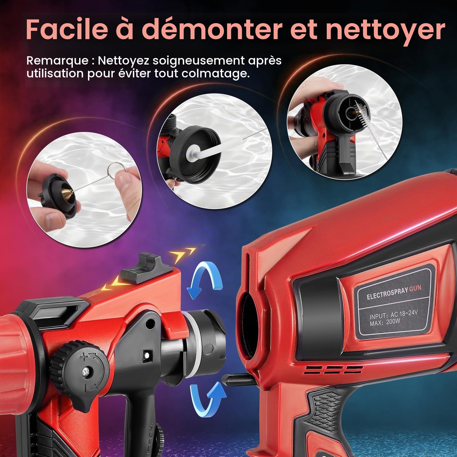 Pistolet à Peinture sans Fil, 21V 18000tr/min, 5 Buses et 3 Modes de Pulvérisation, Electrique avec 2x3000 mAh et Chargeur pour Clôtures, Murs