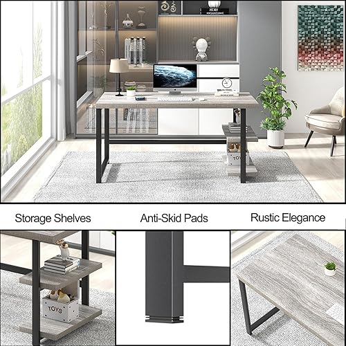 Miniatura 42 de FOLUBAN Escritorio de oficina en casa, escritorio moderno para computadora con estante de almacenamiento, mesa de estudio de madera para juegos para