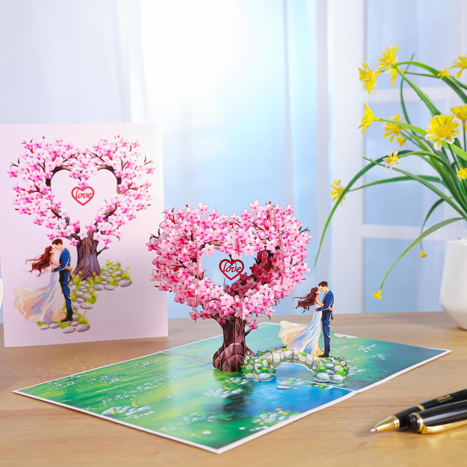 Pop Up Anniversary Cards, 3D Heart Cherry Blossom, Bridge with Couple Wedding Cards for Wife, Husband, Her, Him, Girlfriend, Ideal Gift for Birthday, Wedding, Valentines, Mothers Day, 6x8 inch - Image 6