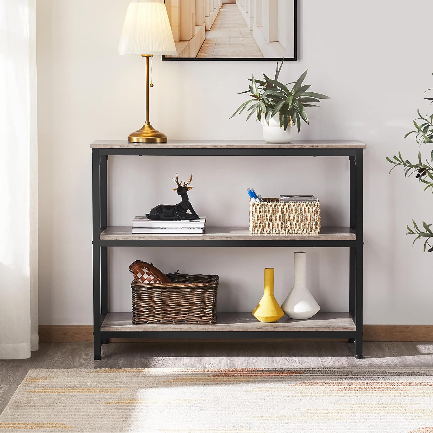 Yaheetech 3 Tiers Entryway Table with Storage, 40 Inch Console Table Behind Sofa Table with Storage for Living Room, Retro Wooden Couch Table with Metal Frame for Entryway, Gray