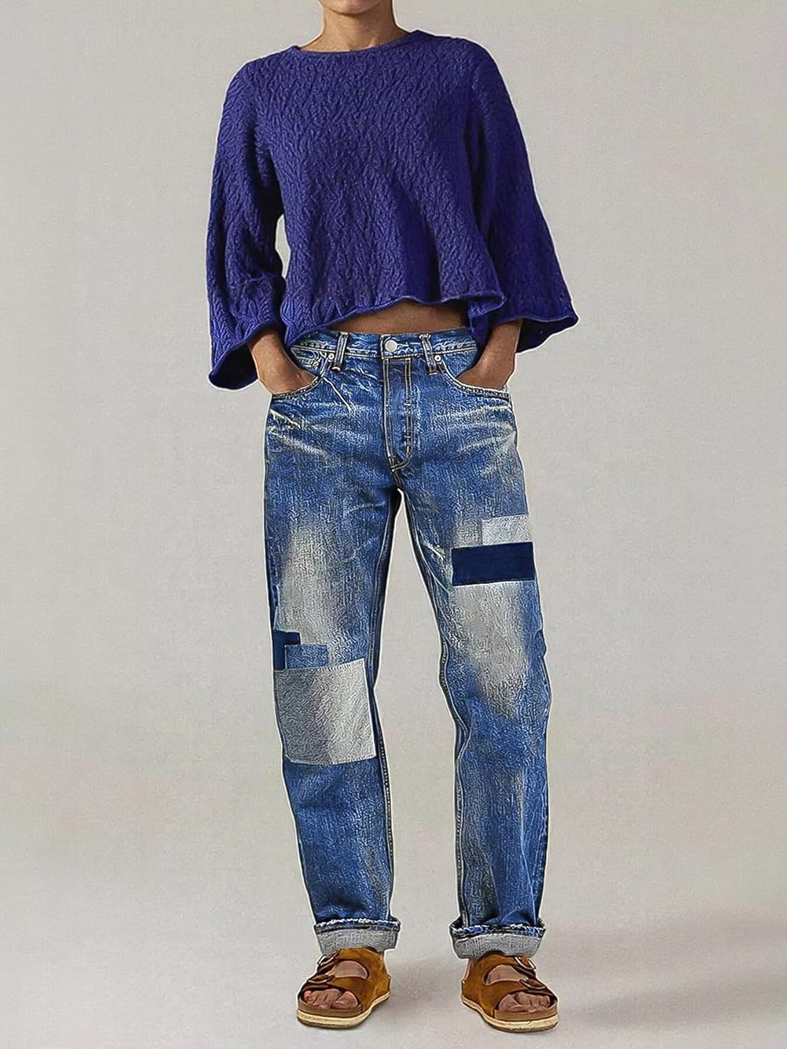 Flamingals Straight Leg Mid Waist Jeans for Women Wash Patched Denim Pants with Pockets