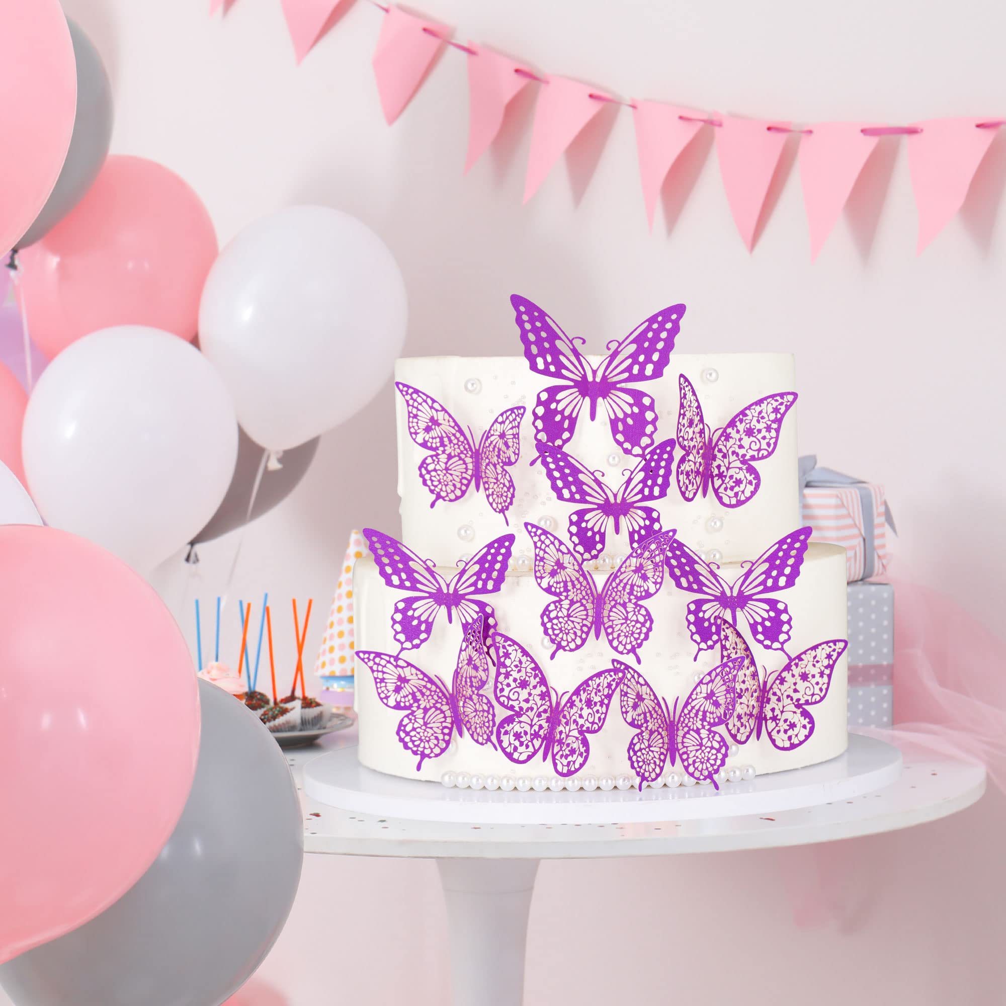 Decorazioni Torta Farfalle 3D | 40 Pezzi Viola Per Compleanni E Matrimoni | Topper Cupcake E Torte - Foto 6