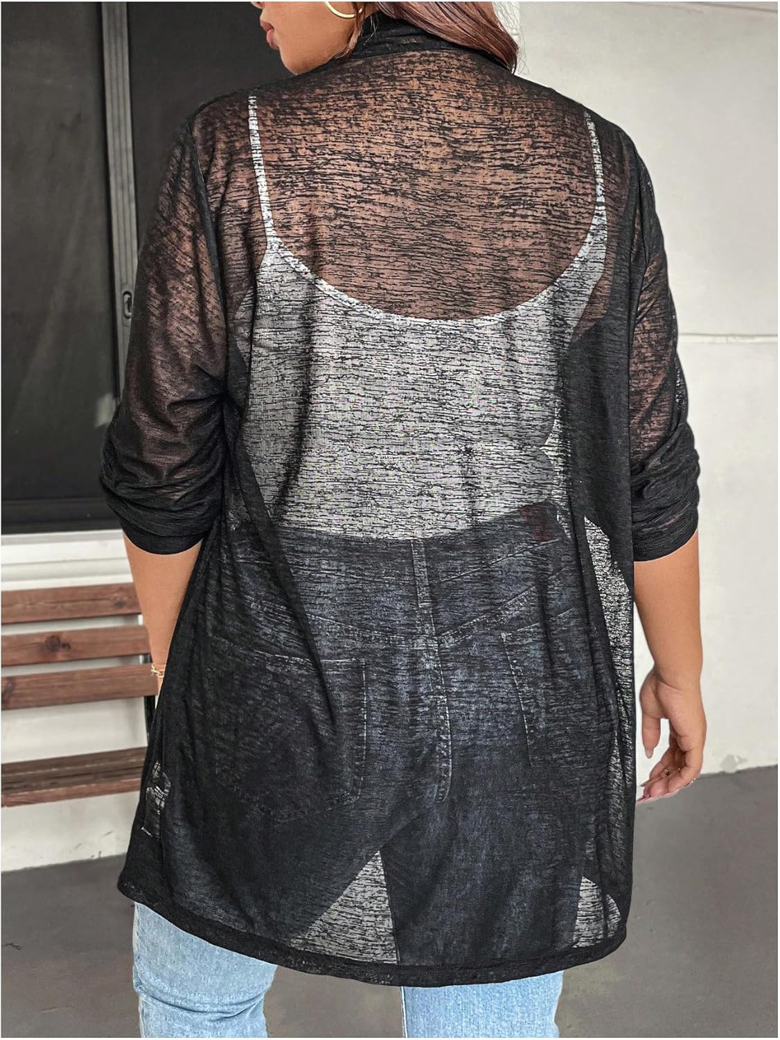 MakeMeChic Women's Plus Size Cardigan Long Sleeve Open Front Sheer Lightweight Sweater - Image 2