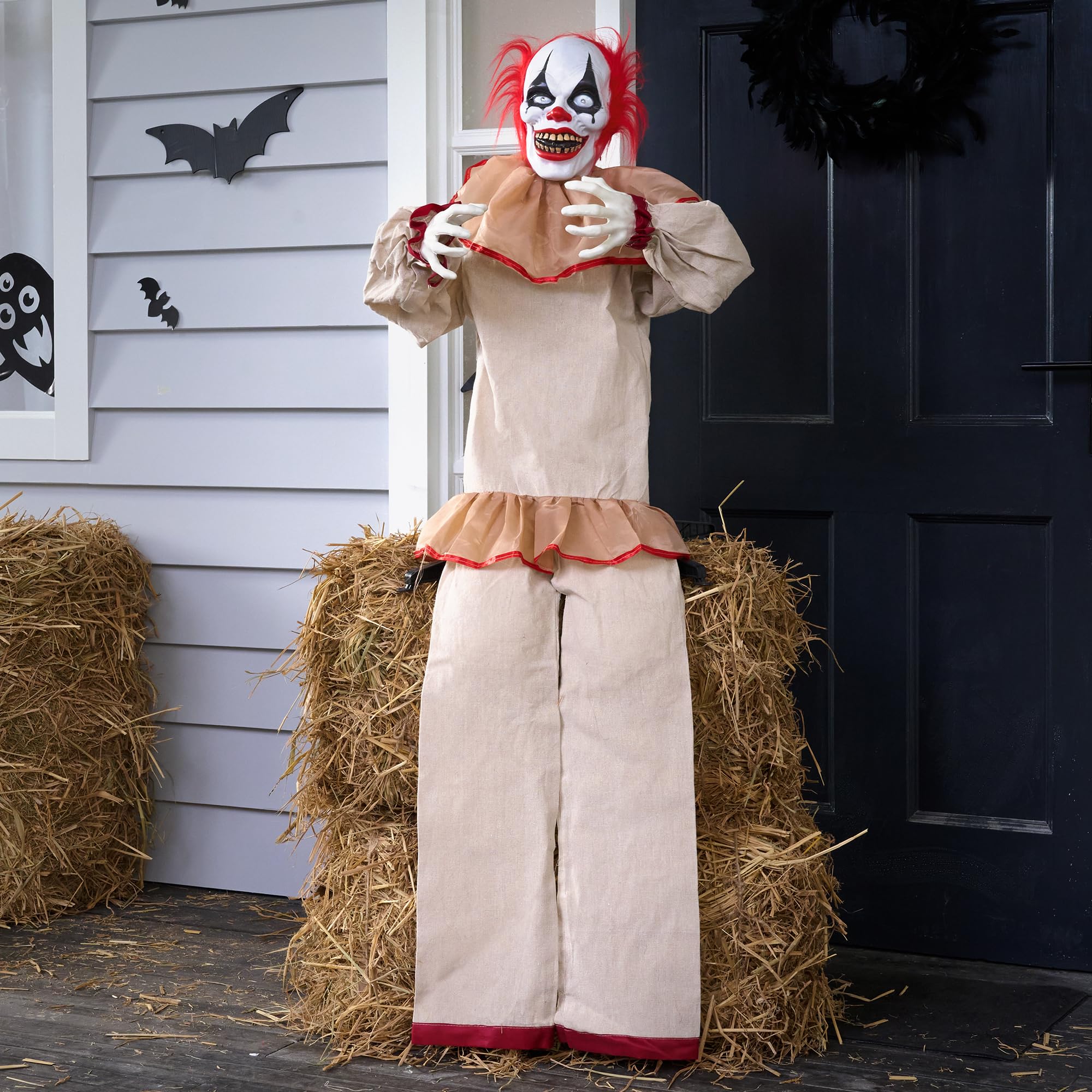 JOYIN Décoration de Clown Assis animatronique d'halloween de 165cm avec Yeux Lumineux, Son Effrayant, Bras et tête Mobiles (activé par Le Son et la lumière) pour Les décorations de Maison hantée
