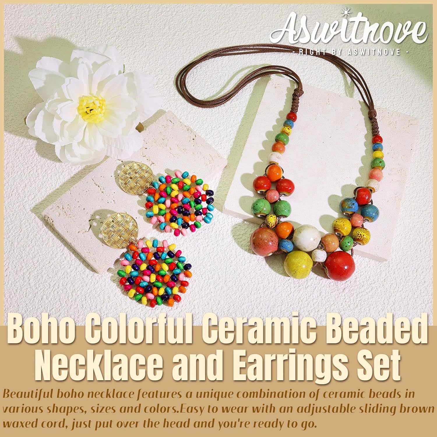 2 Pcs Hippie Boho Colorful Ceramic Beaded Necklace and Earrings Set for Women Adjustable Chunky Round Beads Strand Statement Necklace Colorful Summer Beaded Earrings Bohemian Jewelry Gift - Image 7