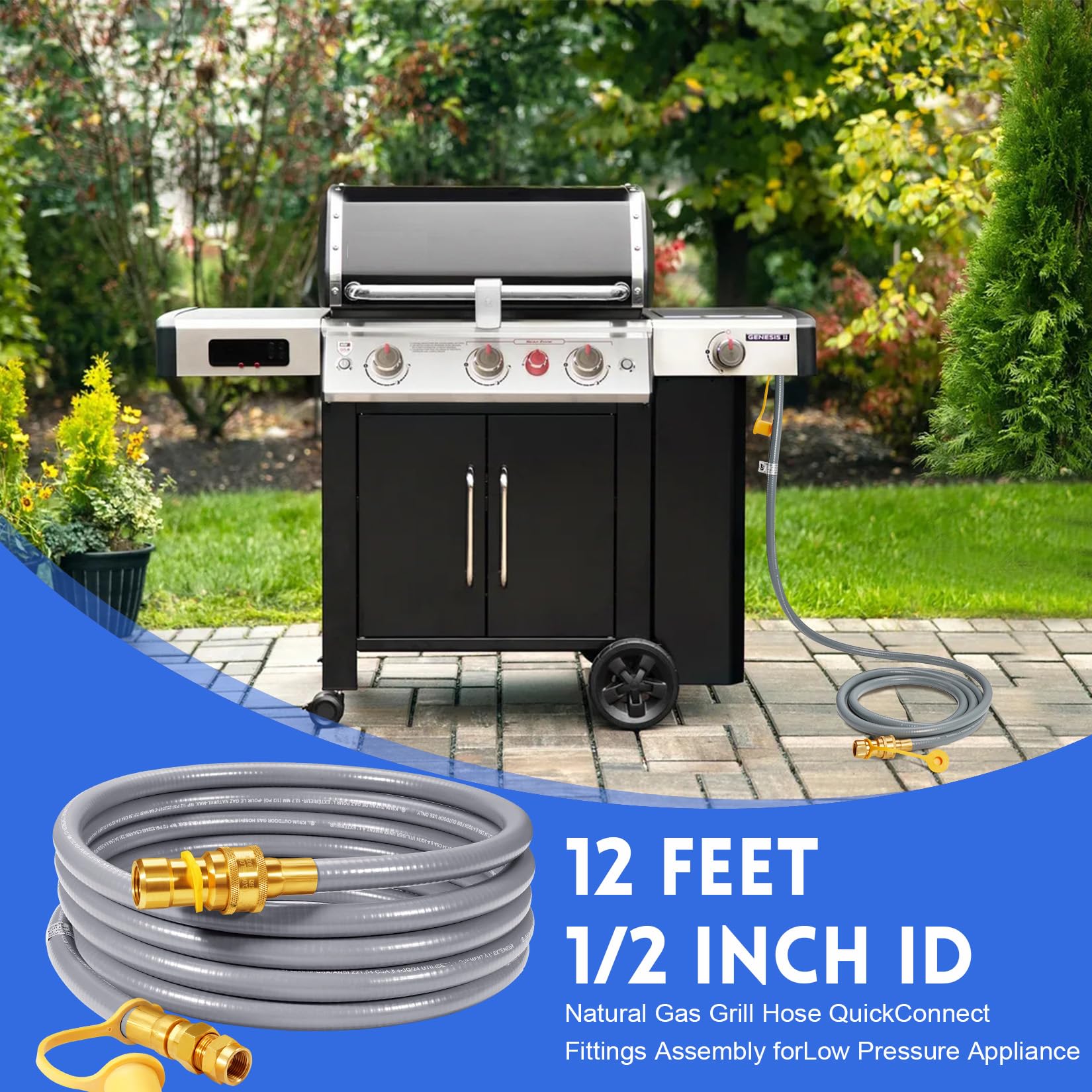 GasSaf Manguera de gas natural de 12 pies de diámetro interior de 1/2 pulgada con conexión rápida, kit de conversión de gas natural para parrilla de gas, generador, calentador de patio y más,