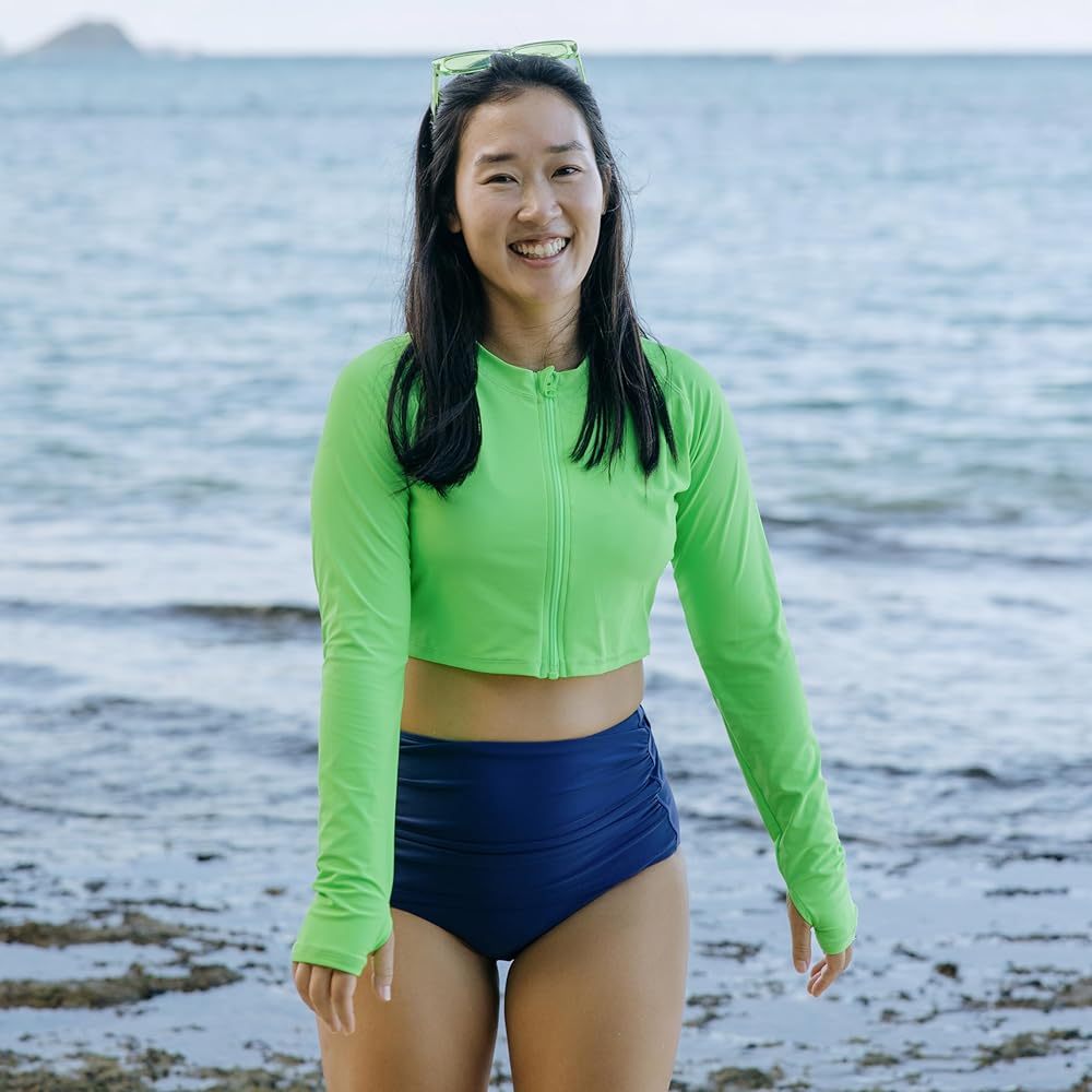 SwimZip Women's Long Sleeve Crop Top Rash Guard Swim Shirt