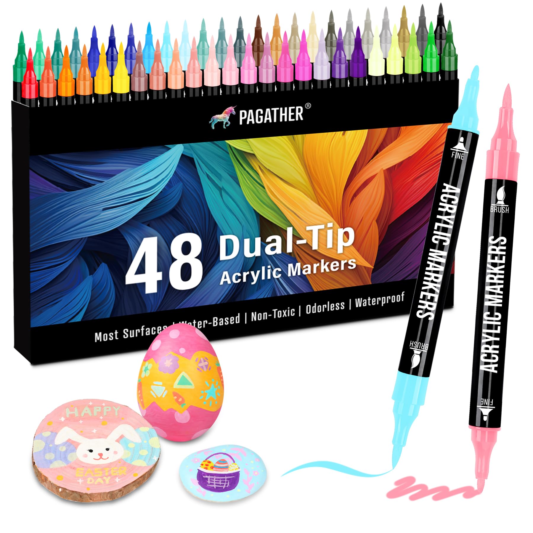 48 Colors Acrylic Paint Markers, Dual Tip with Fine Tip and Brush Tip Pens for Stone, Wood, Calligraphy, Canvas, Ceramic, Metal, Glass, Rock Painting, DIY Crafts