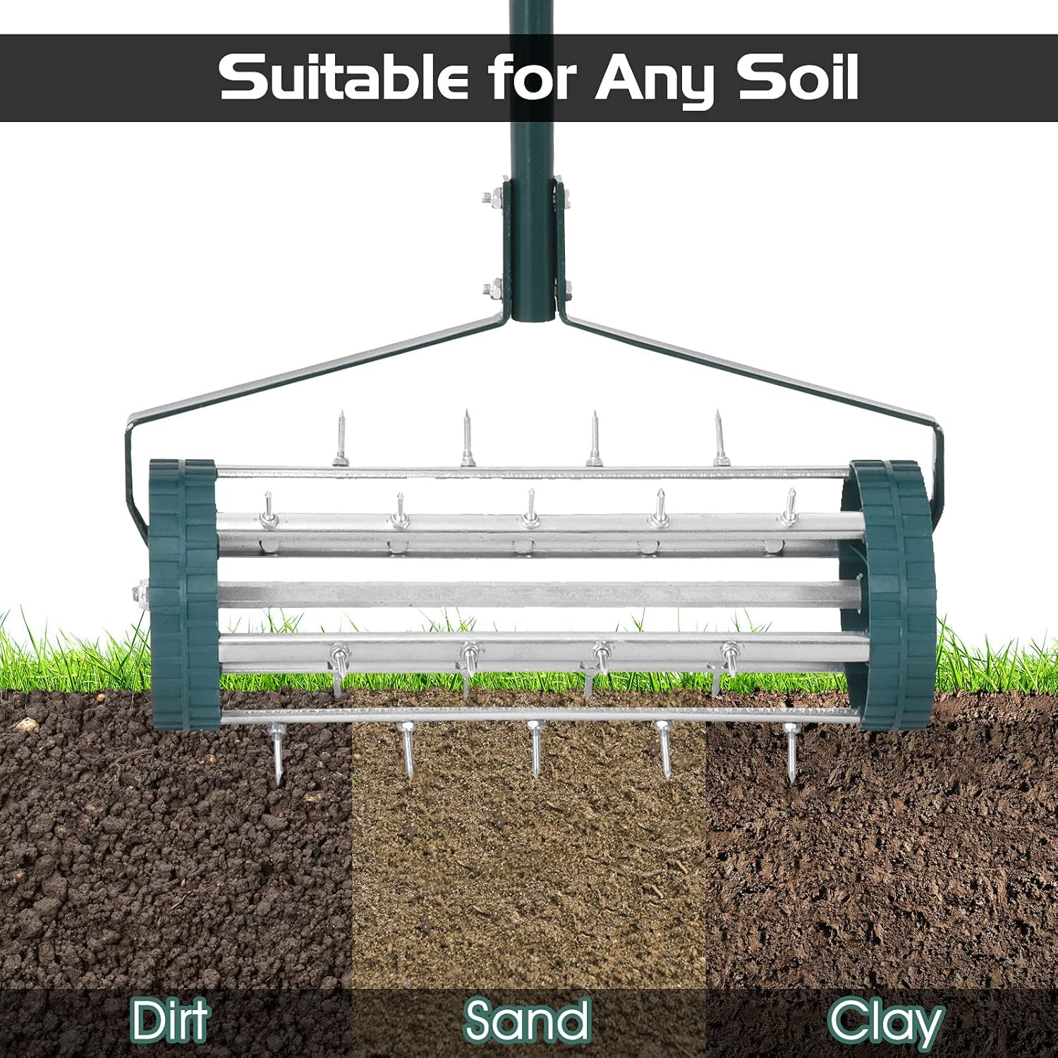 Hysache Rolling Lawn Aerator, 18" Rotary Push Tine Spike Soil Lawn Aerator Gardening Tool with 3-Piece Long Steel Handle for Garden Yard Grass Maintenance, Green