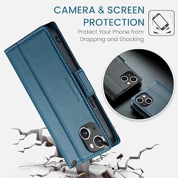 for iPhone 15 Case 6.1 inch, Premium PU Leather Wallet Case Flip Cover with [RFID Blocking][Card Holder][Stand Function] Shockproof Protective, Blue