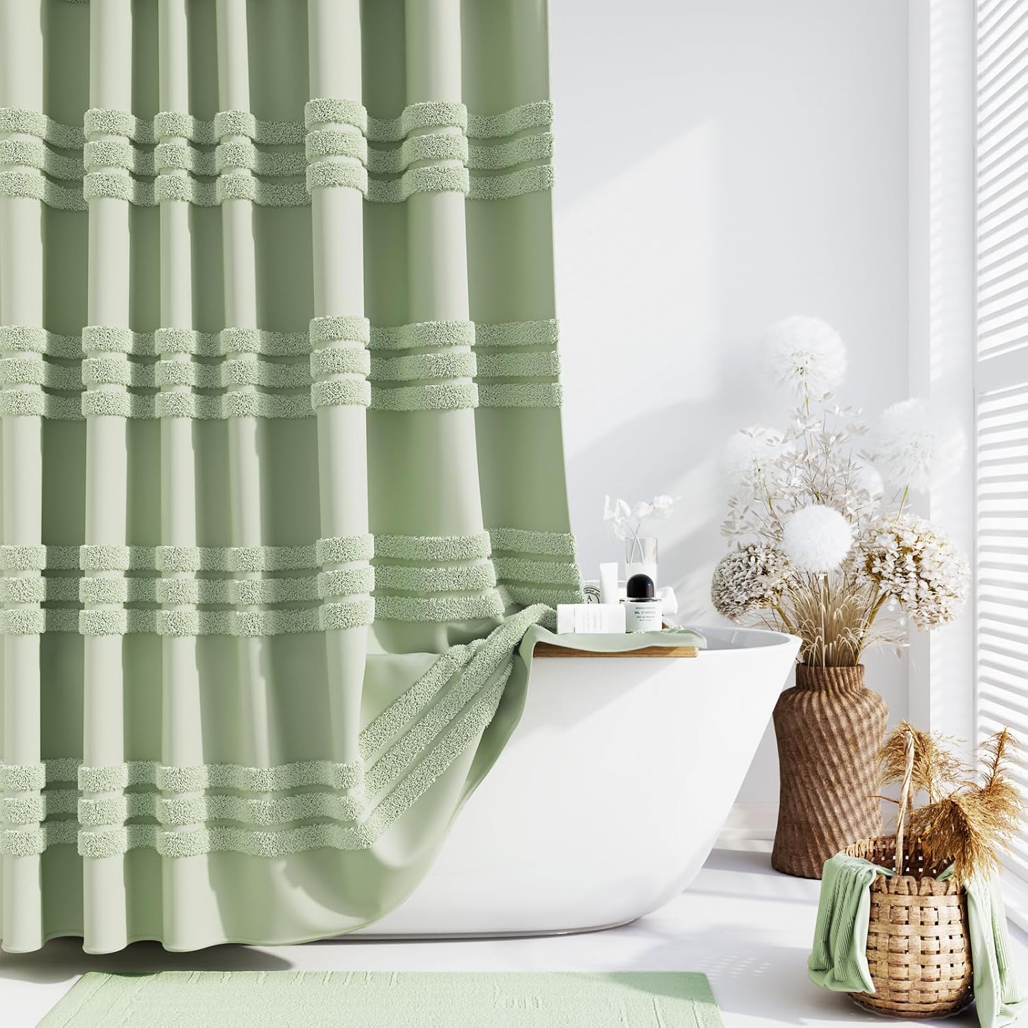 Dynamene Sage Green Fabric Shower Curtain, Tufted Chenille
