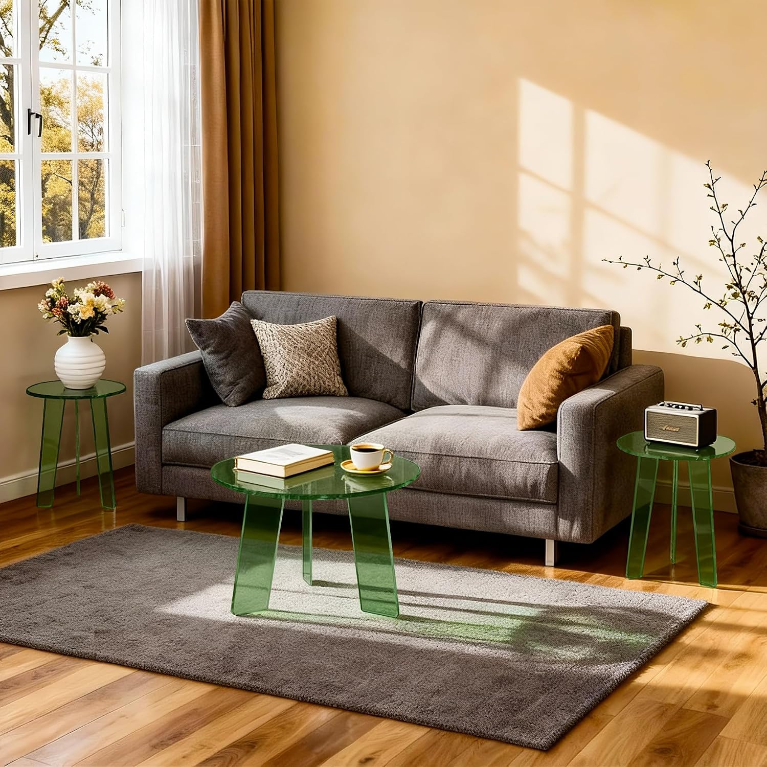Acrylic Coffee Table Round,Skiny Side Table End Table for Living Room, Bedroom, Office, 23.6" ×15.7" (Green, Small)