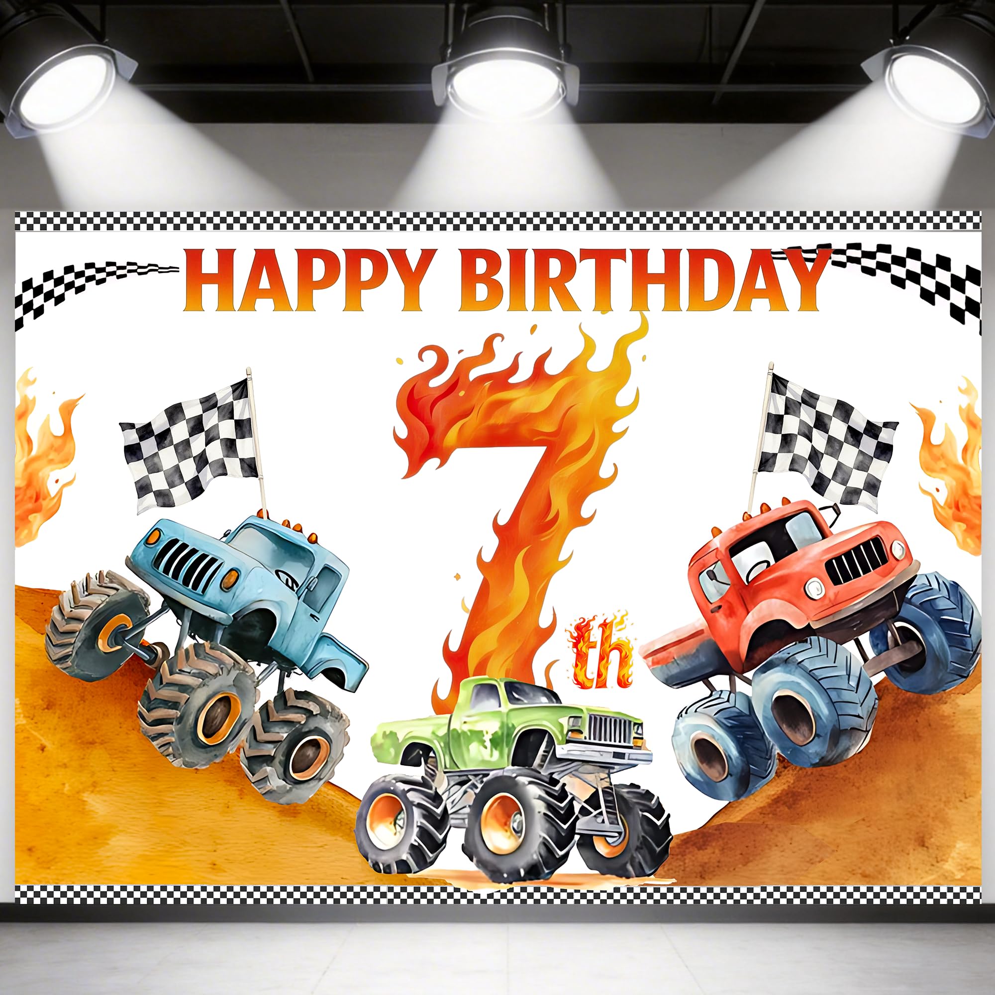 Truck 7th Birthday Decorations for Boys，7th Happy Banner Backdrop，7th Race Car Theme Party Decor Supplies
