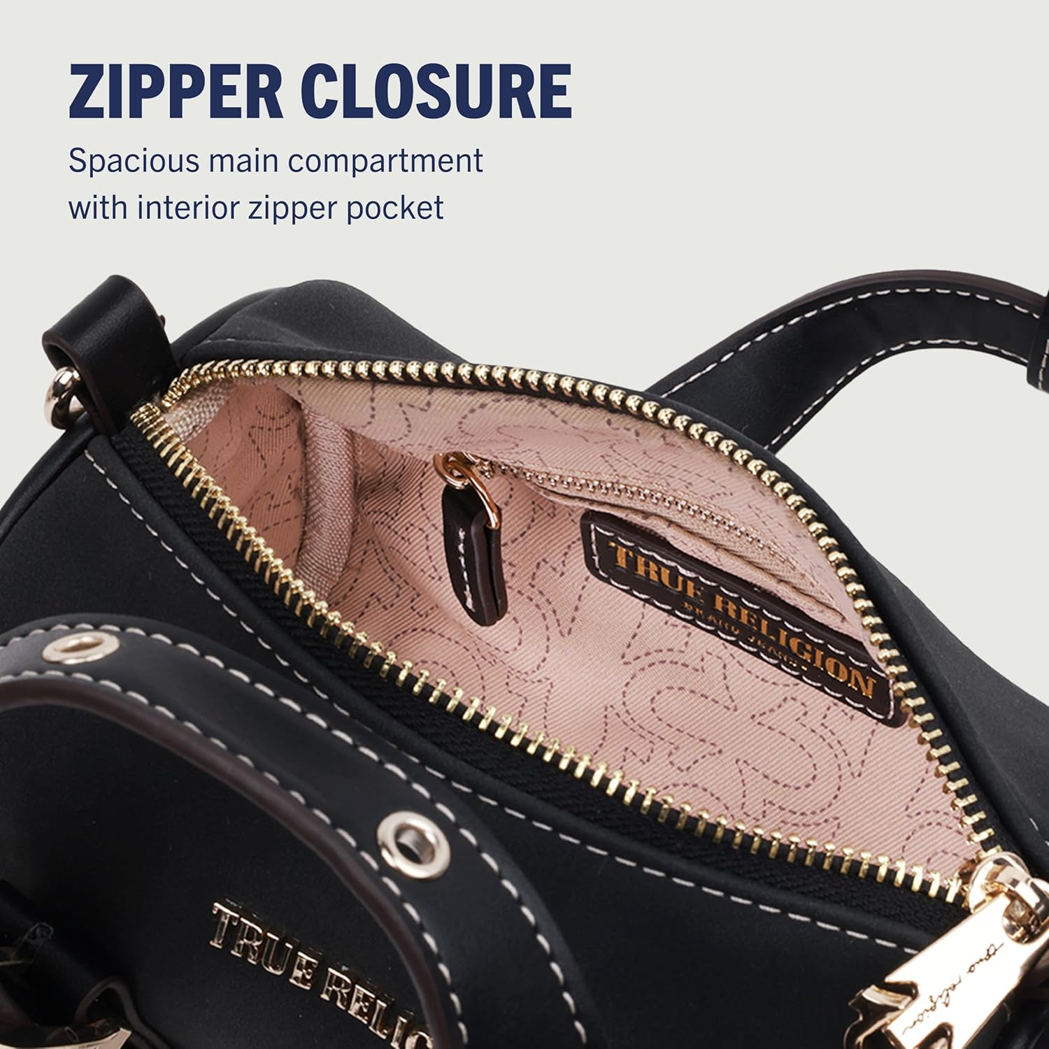 True Religion Metal Plaque Quilted Crossbody Bag, Quilted Shoulder Purse with Gold Logo and Adjustable Handbag - Image 6