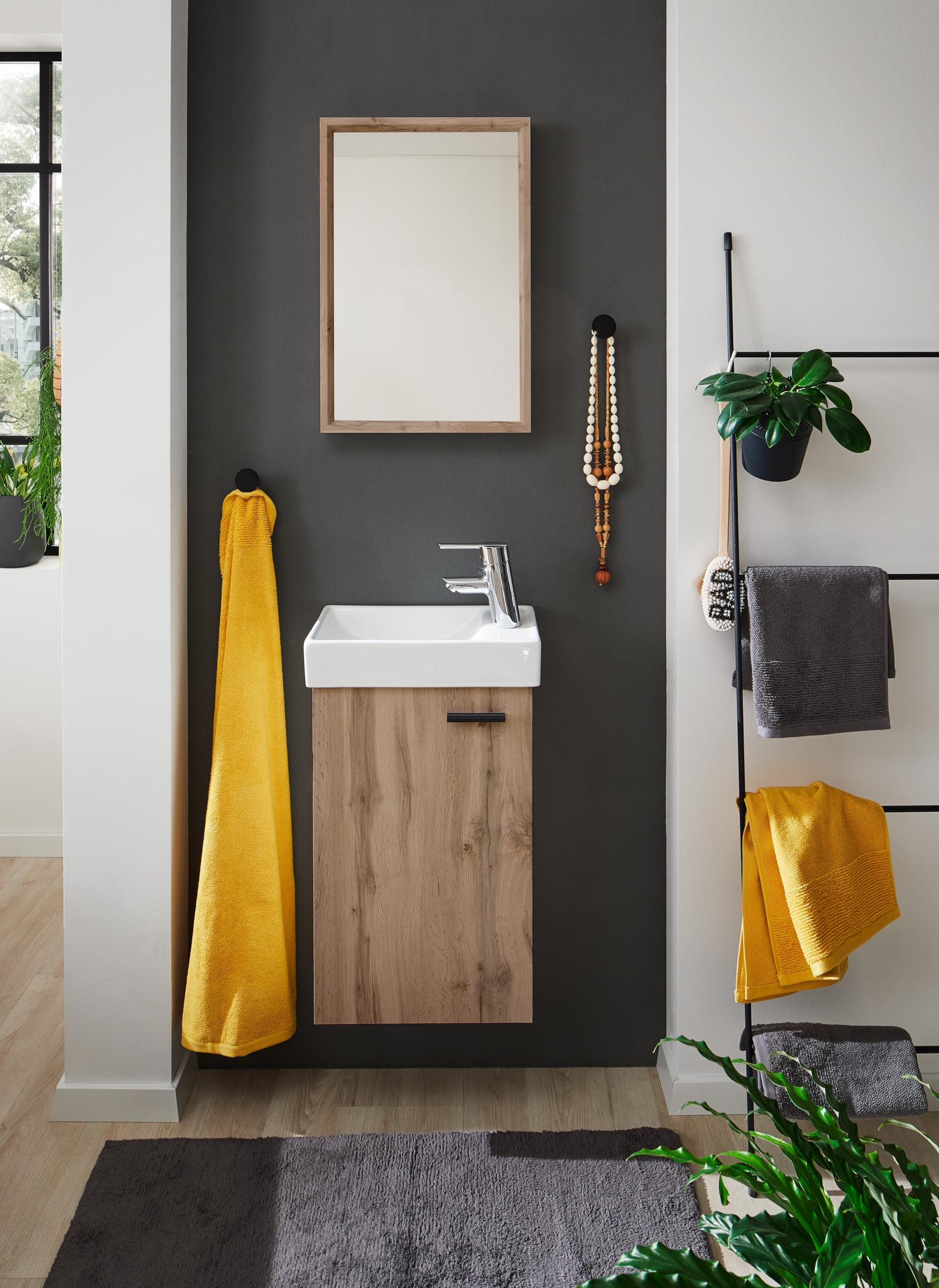 Mobile bagno salvaspazio con lavabo e specchio, Finitura Quercia, Ideale per spazi ristretti L.41 P.23 H.165 cm