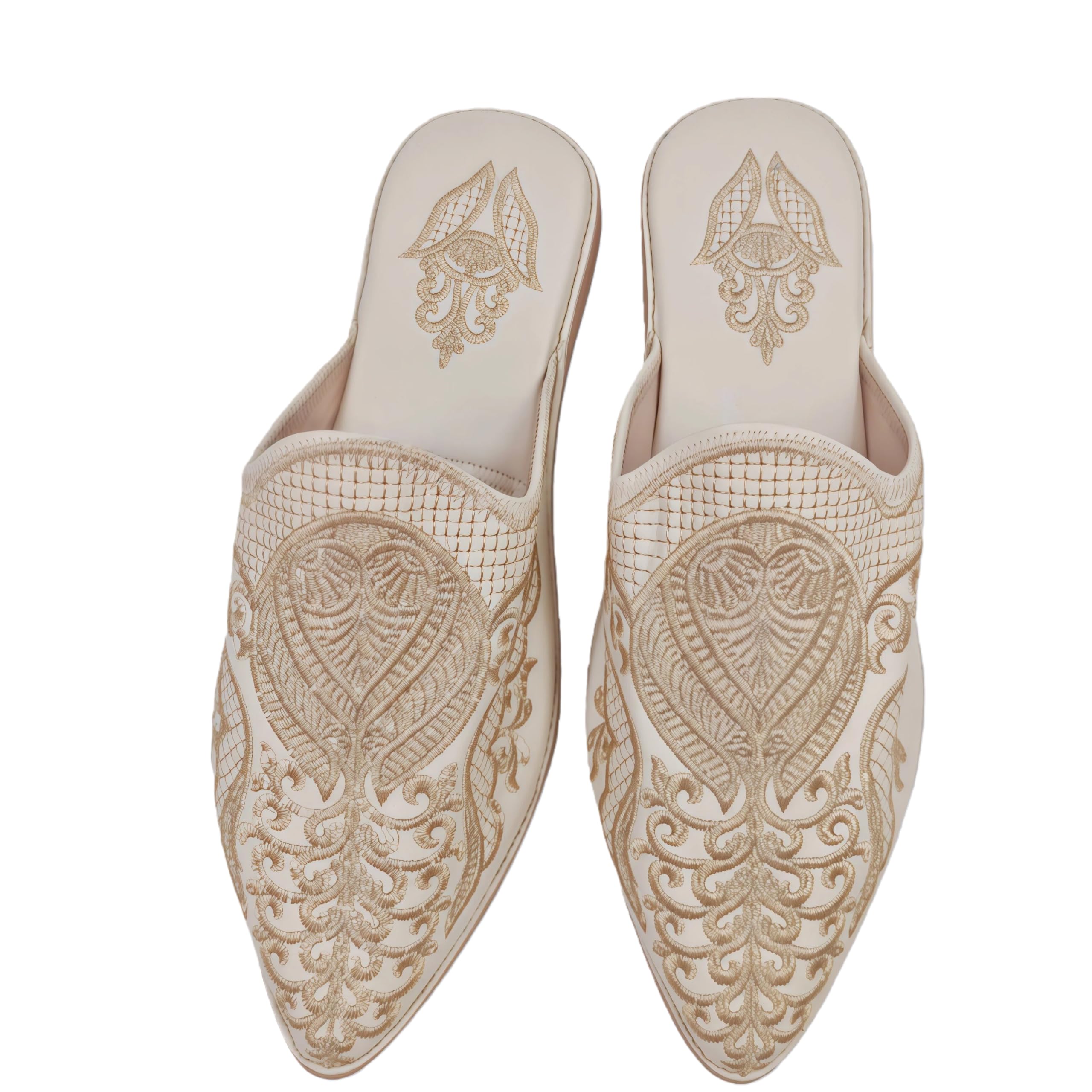Women's Genuine Leather Pointed Toe Backless Embroidered Satin Mule Flats Satin, Boho Slip-On Indoor & Outdoor Vacation Slippers Loafer Shoes Champagne Gold