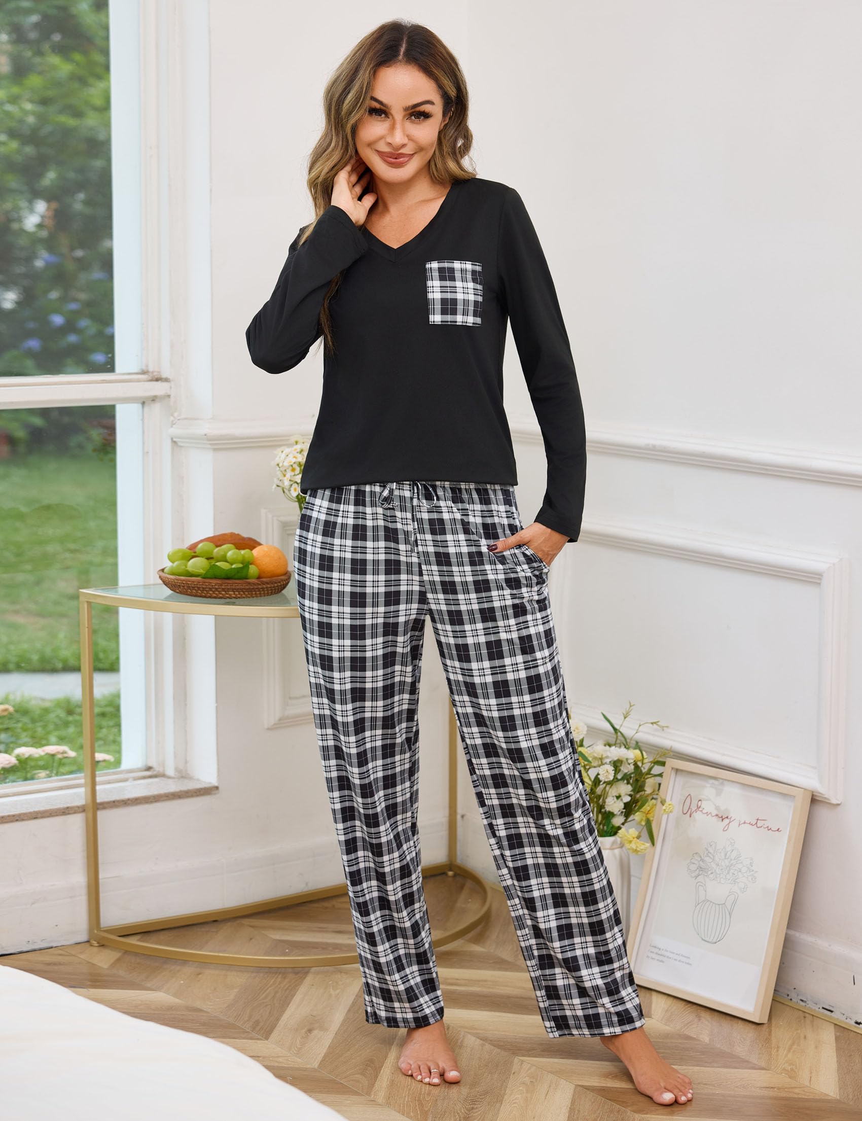 iClosam Pigiama Cotone Donna Invernale a Quadri Due Pezzi Pigiami Lungo con Tasche Laterali Comodo Casual per la Casa S-XXL
