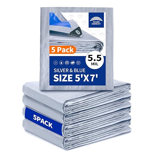 RAINDEWAY Tarps 5x7Ft (5-Pack) 5.5 Mil Waterproof Poly Tarp Cover