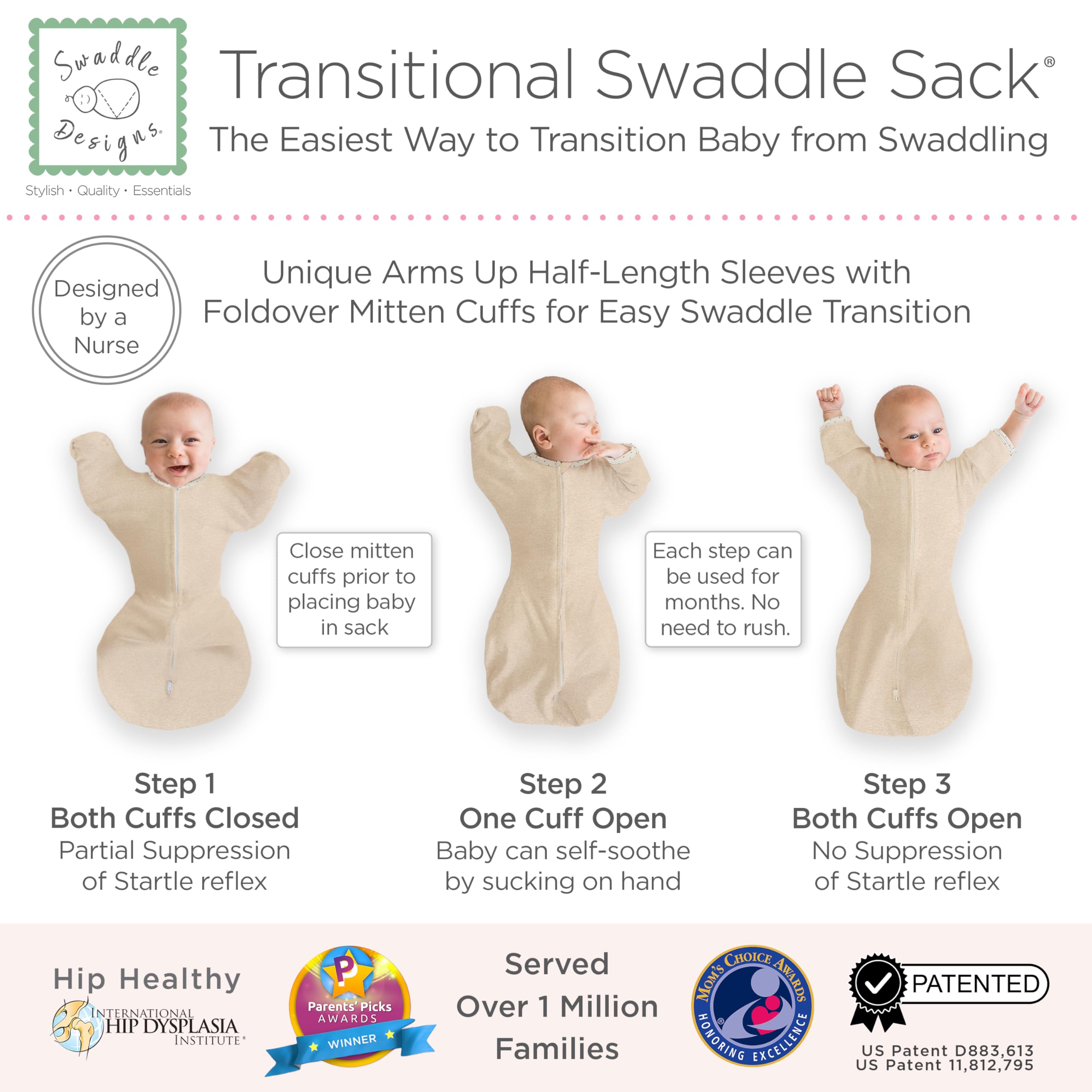 SwaddleDesigns Transition Bag with Arm Up Half Sleeve and Wrist Mitts, Heather Oatmeal with Polka Edge, Medium, 3-6 Months - Image 3