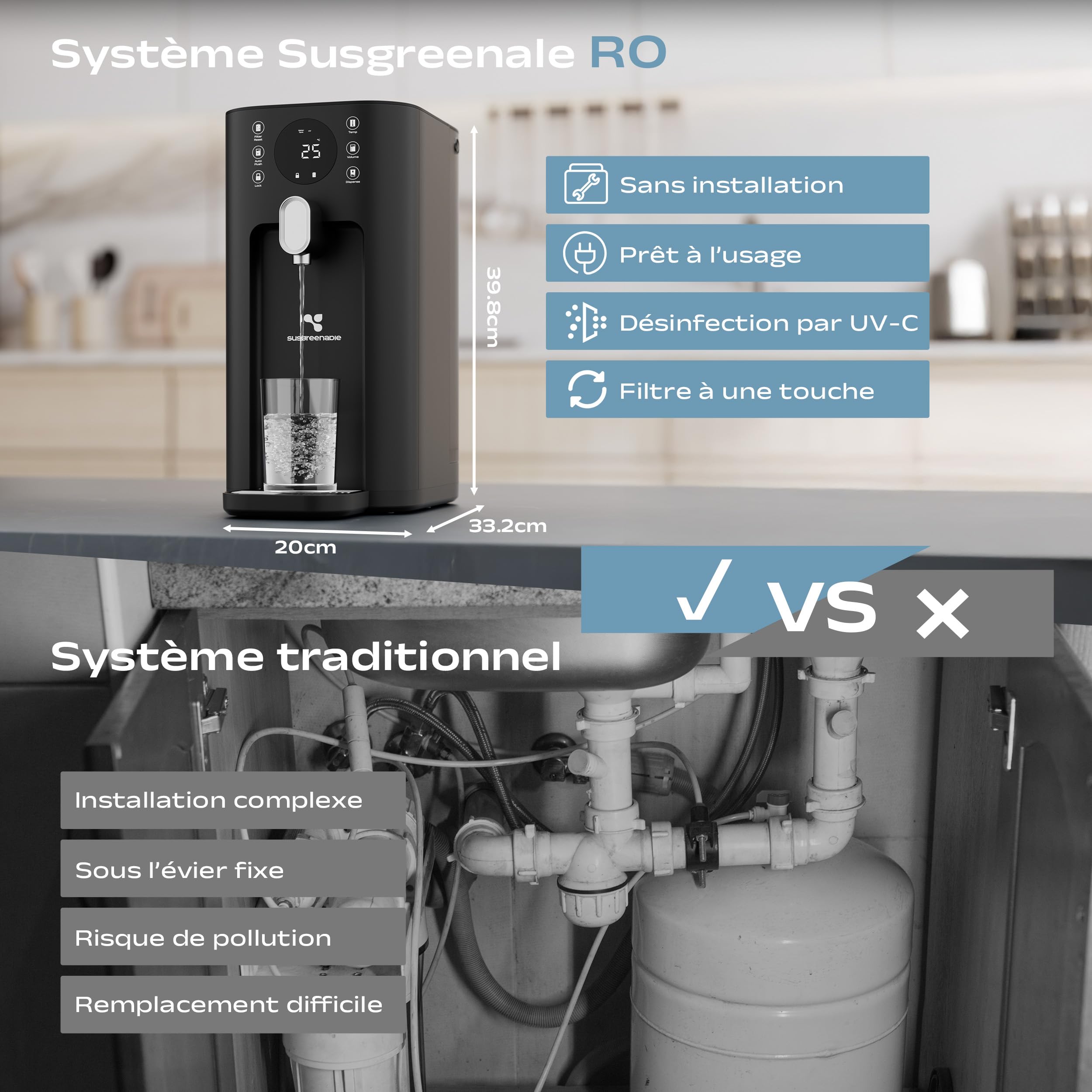 CIARRA X SusGreenable osmoseur à osmose inverse,Purificateur d’eau de table avec eau chaude instantanée, 4 températures, Filtre RO 5-en-1, Réservoir 4,3L, Affichage TDS, Sans installation
