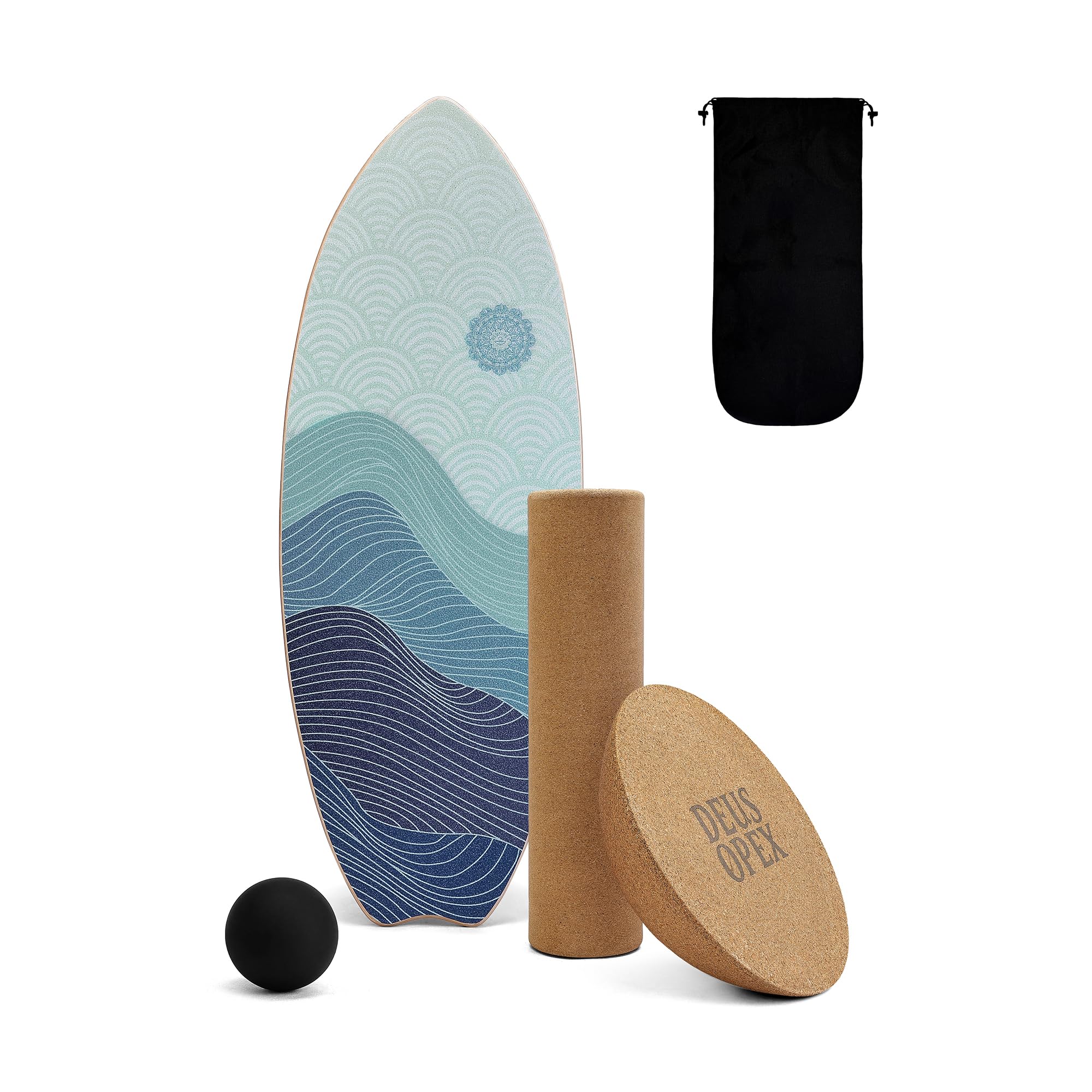 Kit d'entraînement d'équilibre - Planche de surf en bois, demi-sphère en liège, rouleau de massage, balle - Fitness tous niveaux, renforcement musculaire et récupération, surf et patinage en intérieur