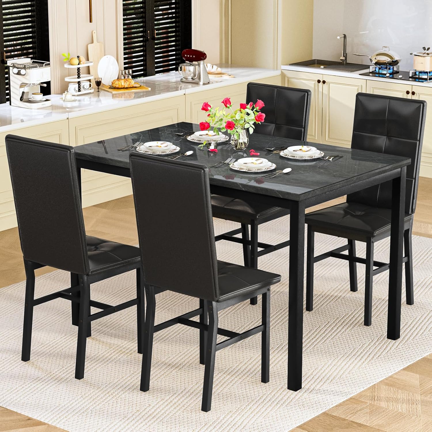 Hooseng Dining Table Set for 4, Faux Marble Small Kitchen