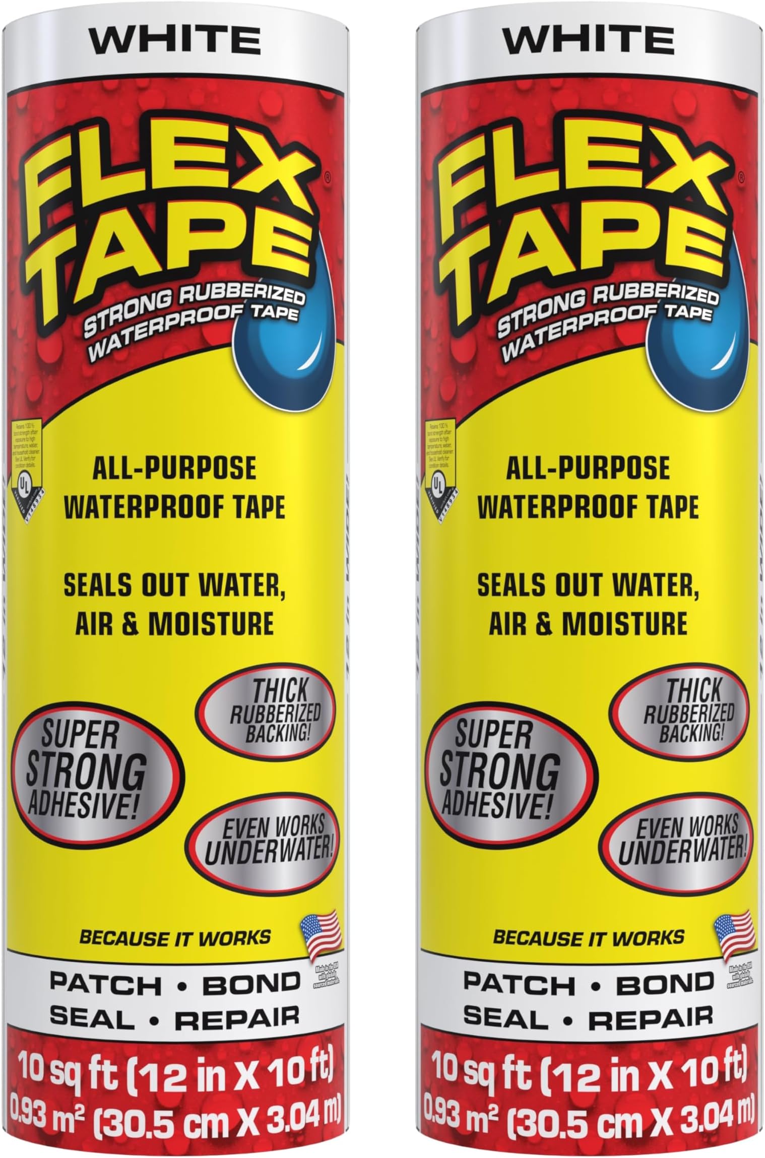 Flex Tape, Original Thick Flexible Rubberized Waterproof Tape - Seal and Patch Leaks, Works Underwater, Indoor Outdoor - Home RV Roof Plumbing and Pool Repairs, White, 12 in x 10 ft, Pack of 2