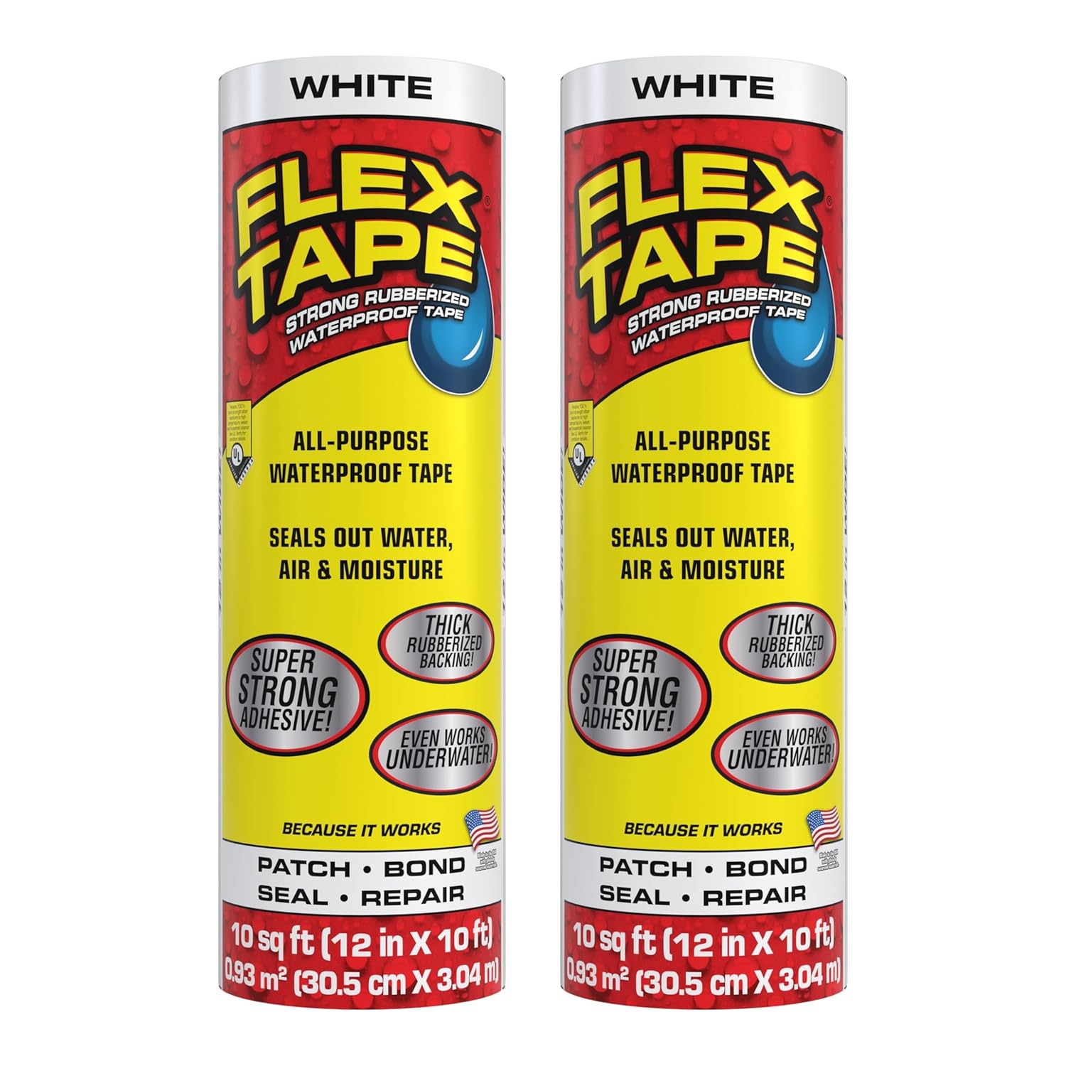 Flex Tape, Original Thick Flexible Rubberized Waterproof Tape - Seal and Patch Leaks, Works Underwater, Indoor Outdoor - Home RV Roof Plumbing and Pool Repairs, White, 12 in x 10 ft, Pack of 2