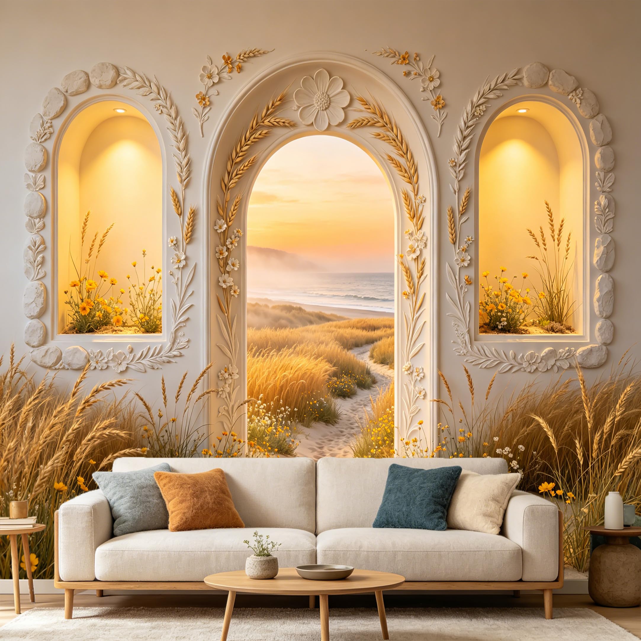 Custom Size Wall Mural， 3D Archway Coastal Beach Sunset Wheat Field， SelfAdhesive Art Prints wall Fabric Removable Large Wallpaper Home Living Room Decor