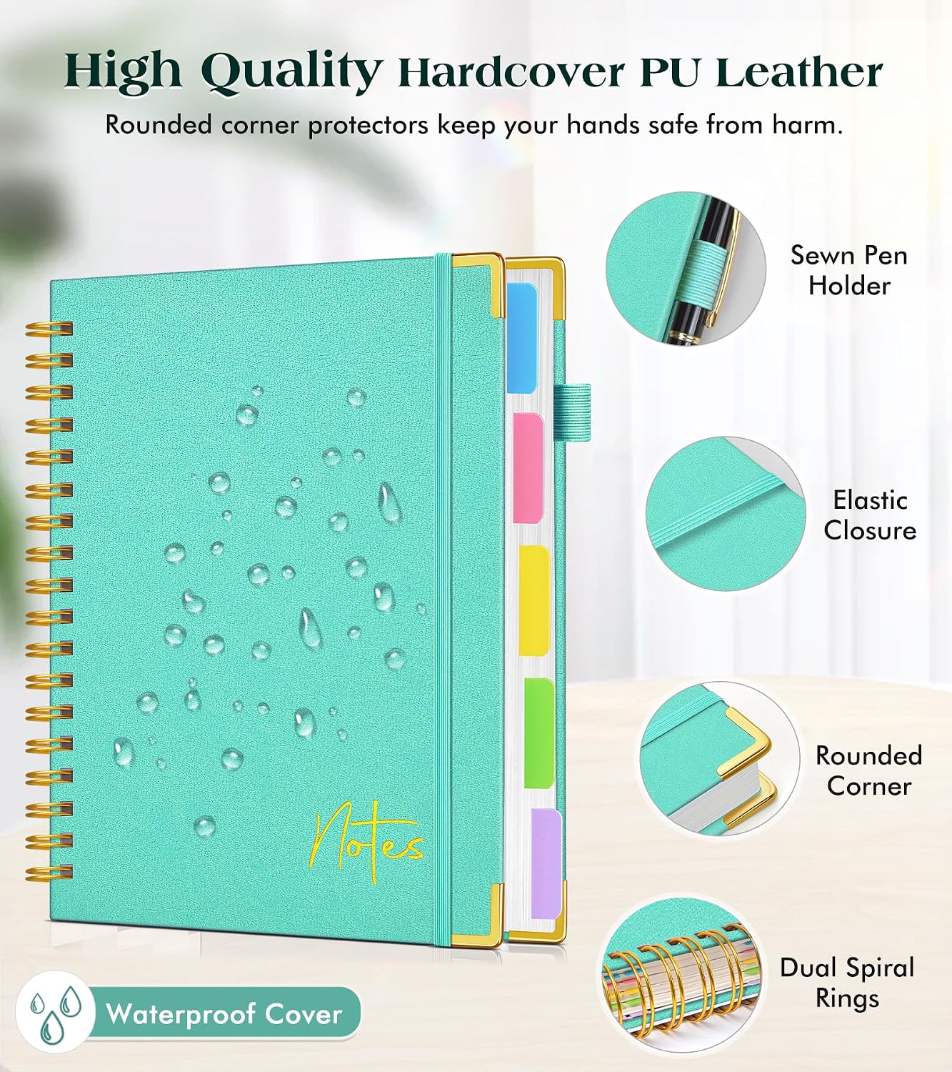 Spiral Notebook Journal with Removable Dividers Tabs, 300 Pages Hardcover Leather 5 Subject College Ruled Notebook, 6.1"x8.2" Large A5 Lined Journal for Women Men Spiral Notebook for Work School,Teal image 2