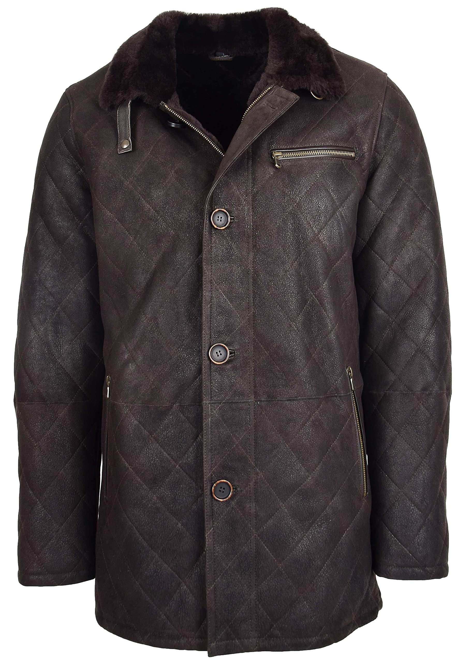 House Of Leather Men's Brown Real Sheepskin Coat Cross Stitch Shearling Anorak Edwin (L, )
