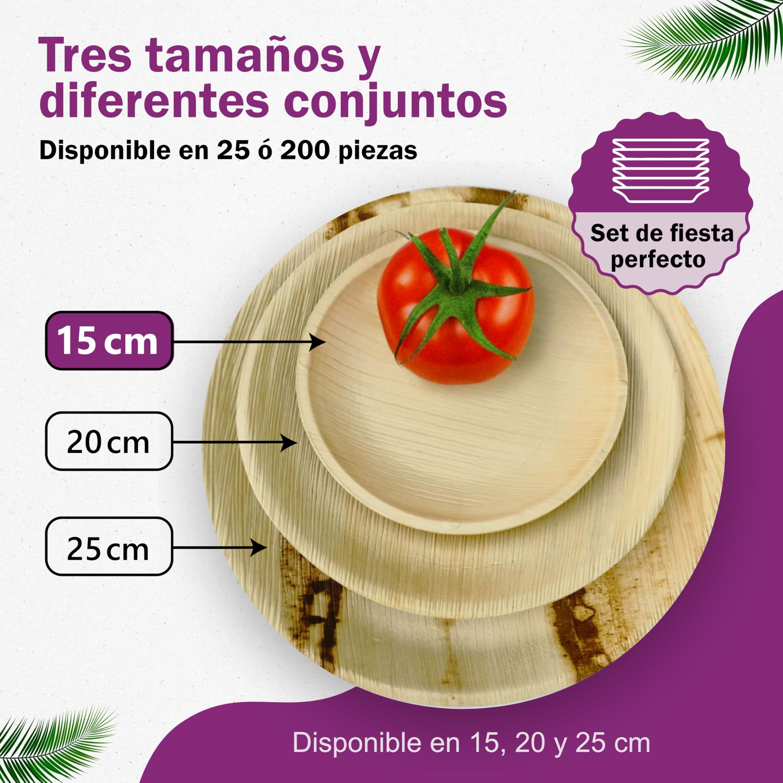 Platos Desechables Redondos de Hoja de Palma Orgánicos - Conjunto de 25 pz. Ø 15 cm y 25 pz. Ø 25 cm