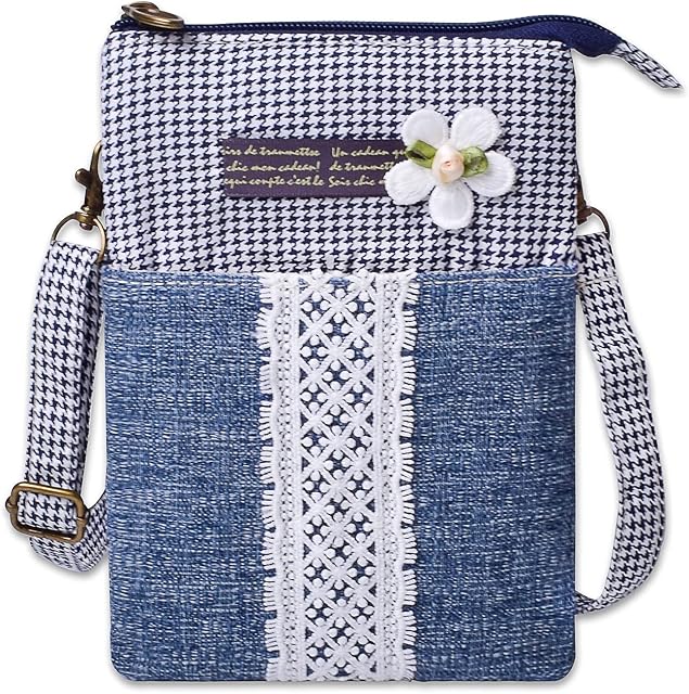 Melofo Canvas Cell Phone Purse Wallet Crossbody Handbags Pastoral Style and White Lace Flowers, Houndstooth Pattern, Small Fresh Lightweight Shoulder Bag with Adjustable Shoulder Strap for Women Girls