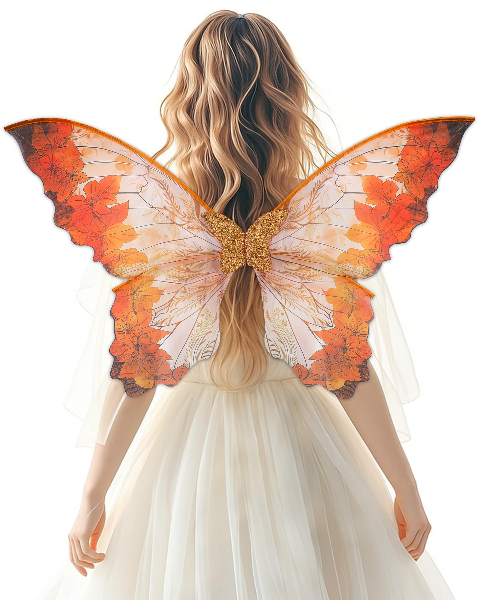 PartyforU Orange Fairy Wings Costume Adult Women Butterfly Wings Renfaire Halloween Prom Party Elf Clothing Fancy Dress
