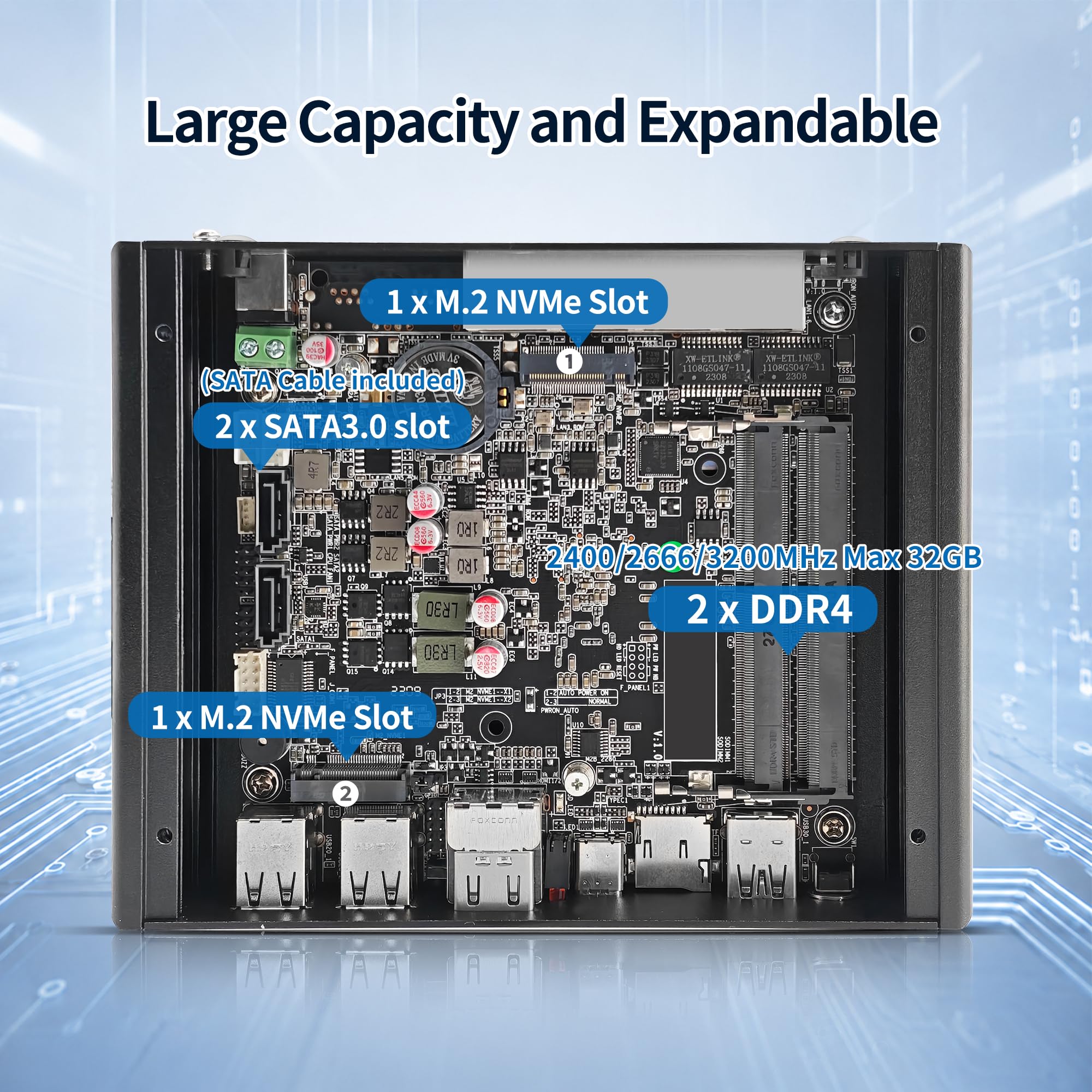 Mini PC Firewall Appliance, 4× i226V 2.5GbE LAN, J6413(4C/4T), OPNsense Micro Computer Hardware, DDR4 16GB RAM 512GB SSD, 2× NVMe, 2 ×SATA3.0, TF Slot, 2HD+USB-C, AES-NI
