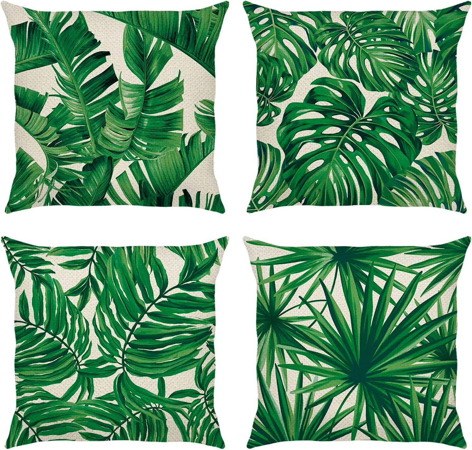 BonhauseSet of 4 Cushion Covers Tropical Leaves Green Plant 45 x 45 cm Polyester Linen Decorative Cushion Covers for Sofa Bedroom Living Room Car Home Decoration