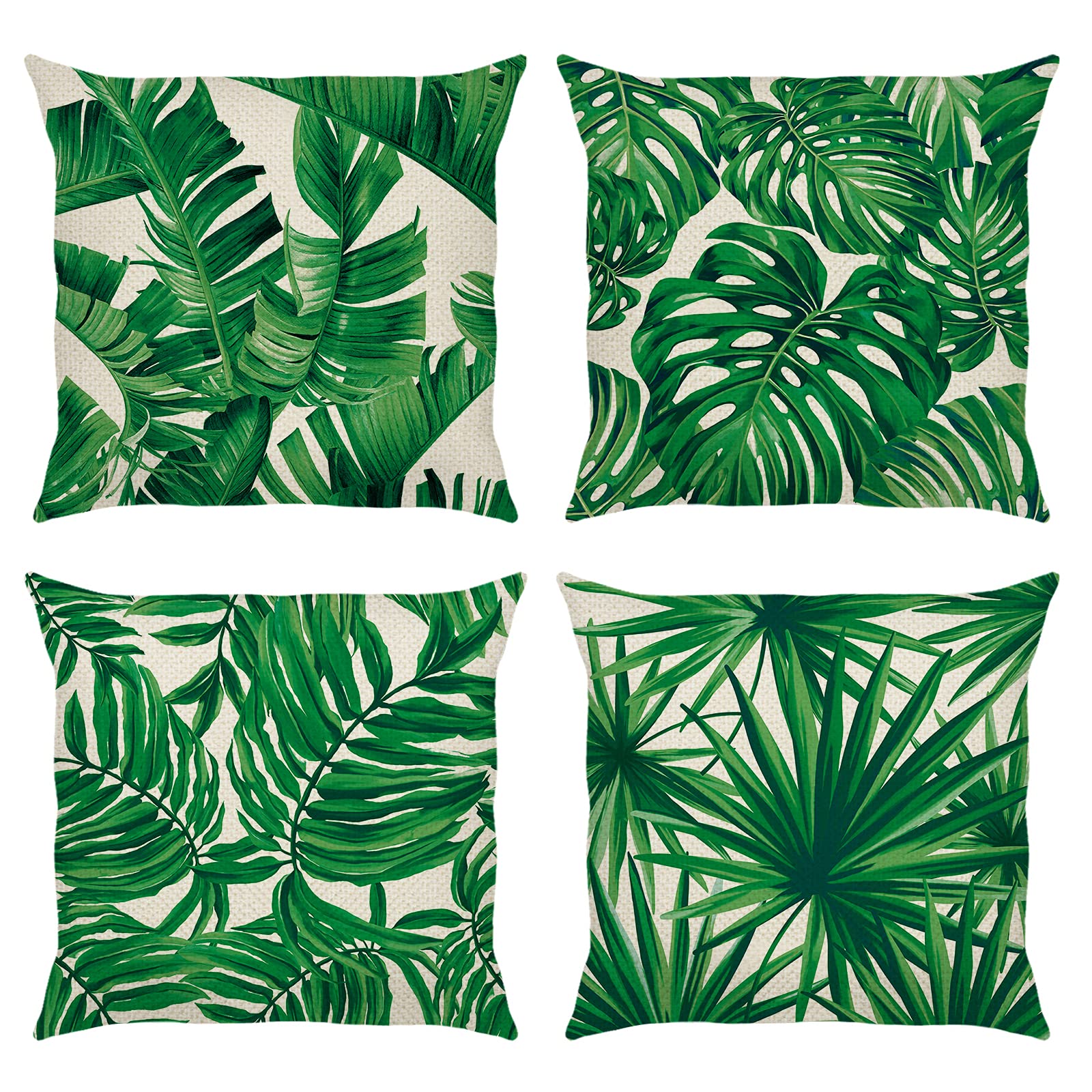 BonhauseSet of 4 Cushion Covers Tropical Leaves Green Plant 45 x 45 cm Polyester Linen Decorative Cushion Covers for Sofa Bedroom Living Room Car Home Decoration