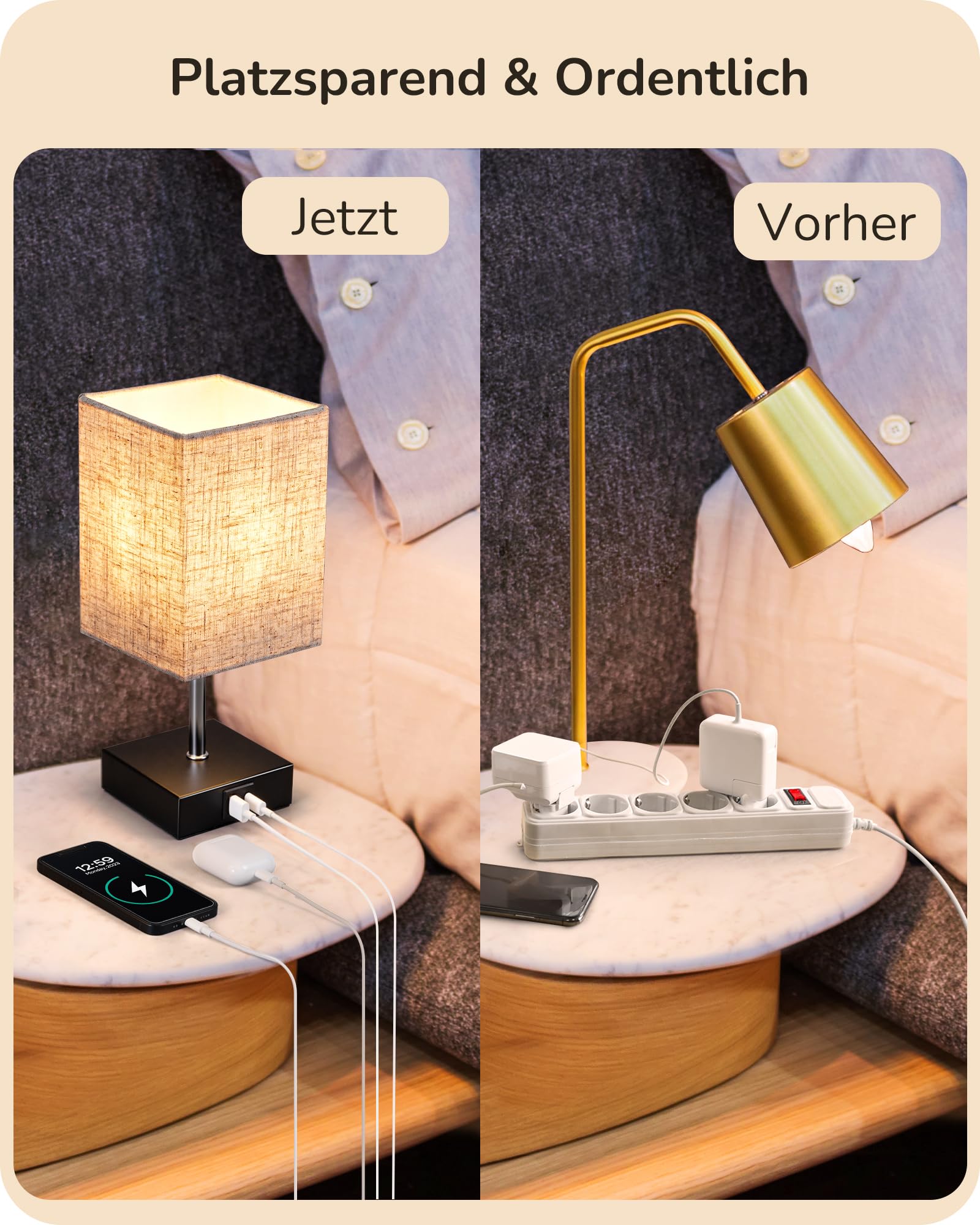 EDISHINE LED Nachttischlampe Touch Dimmbar 2er Set, Tischlampe Modern, Kleine Lampe, mit Ladefunktion, 2 USB Anschlüsse, für Schlafzimmer, Wohnzimmer, Fensterbank, Geschenk, Beige