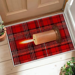 Candle Runner Rug, Christmas Festive Plaid Flame Christmas Red Non-Slip Edge Binding Doormat Throw Rug Rectangle for Kitchen Entryway Bedside Doorway Hallway Decor 2x3 Ft