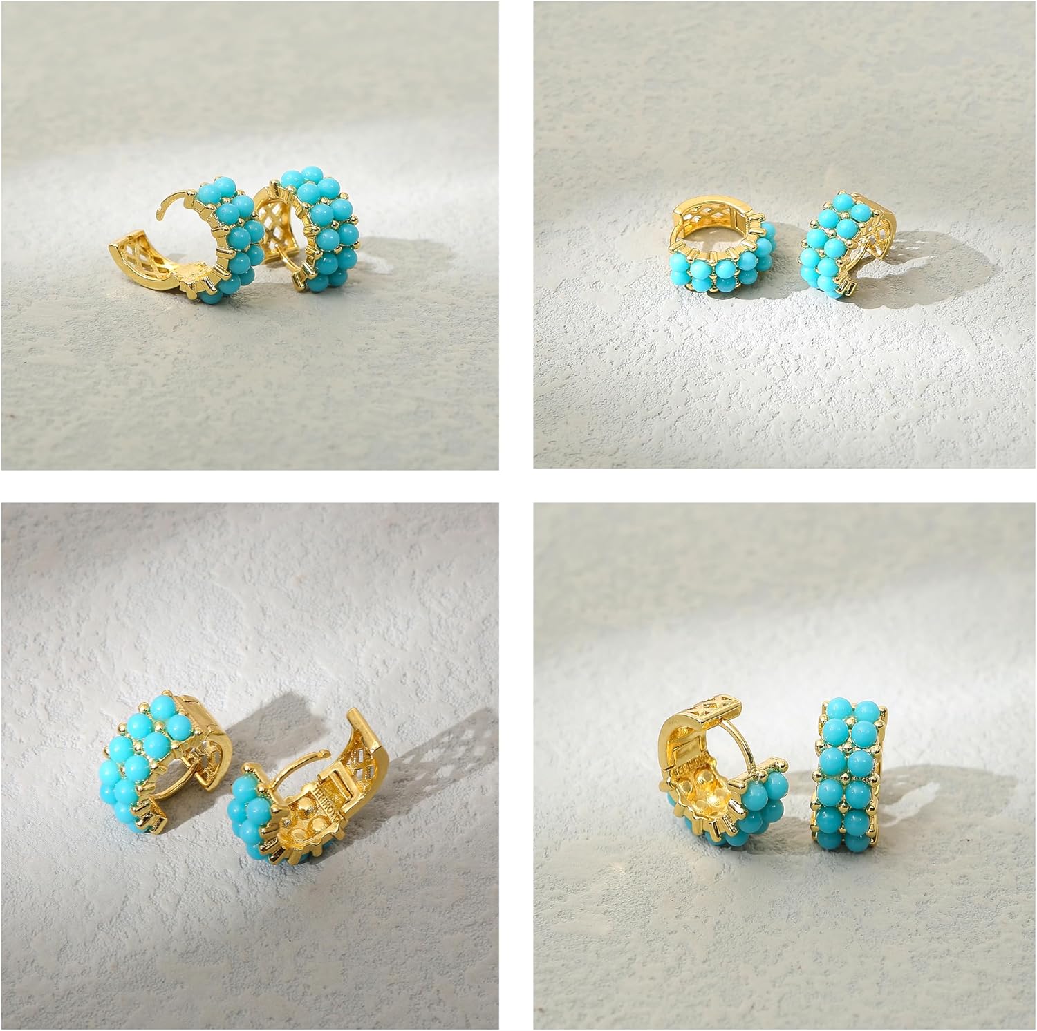 Simulated Turquoise Huggie Hoops Earrings For Women-Small Gold Plated, Boho Unique Dainty Everyday Wear - Image 3