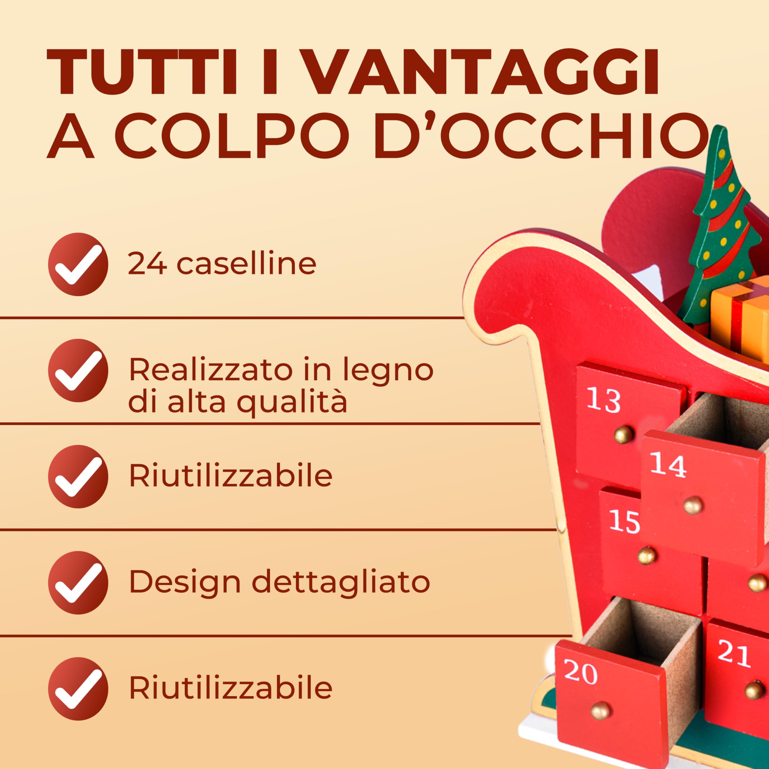 Spielwerk® Calendario dell' Avvento Riutilizzabile in Legno Babbo Natale con Slitta Decorazione Natalizia da Riempire