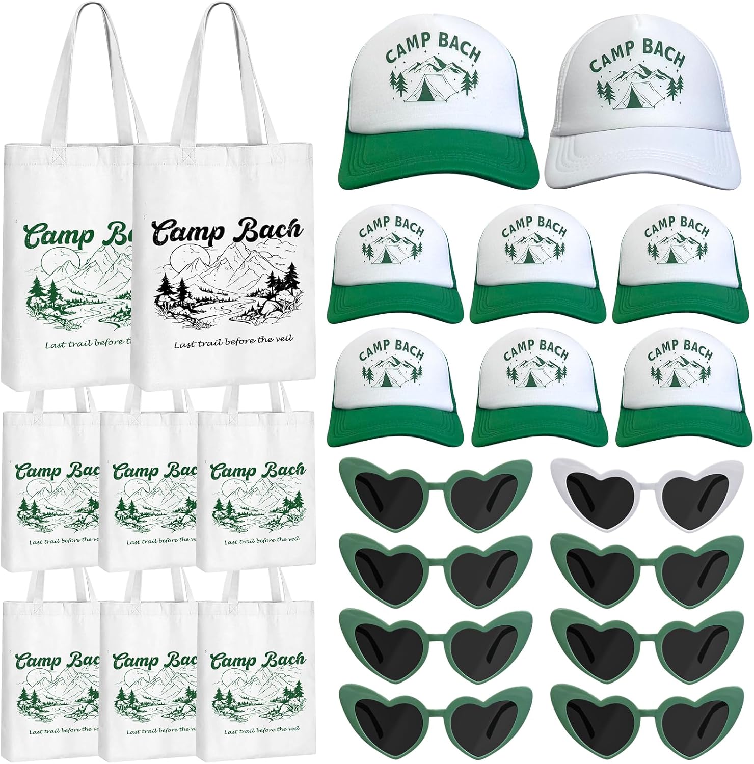 24 Pcs Camping Themed Bachelorette Party Favors Include 8 Bridesmaid Tote Bags 8 Camp Bach Baseball Caps 8 Heart-shaped Sunglasses for Bachelorette Bridesmaid Bridal Shower Gift Wedding Party Gifts