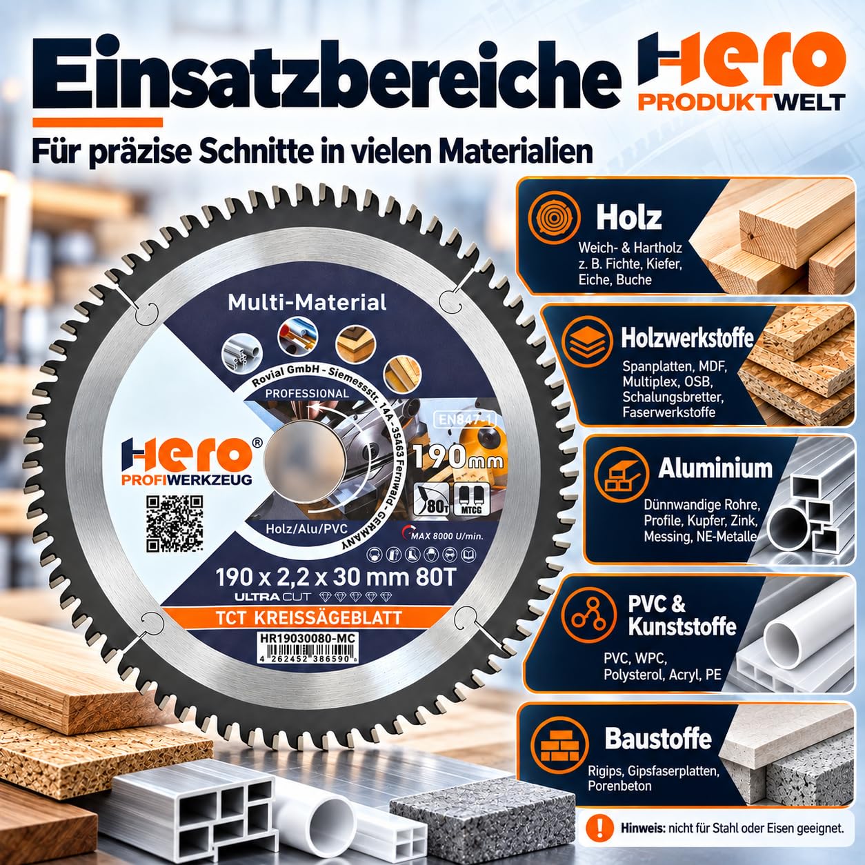 HERO Kreissägeblatt 210 x 30 mm 100 Zähne – Profi Hartmetall TCT Multi Material Sägeblatt für Holz, Laminat, Aluminium, PVC & NE-Metalle – Präzisions Feinschnitt