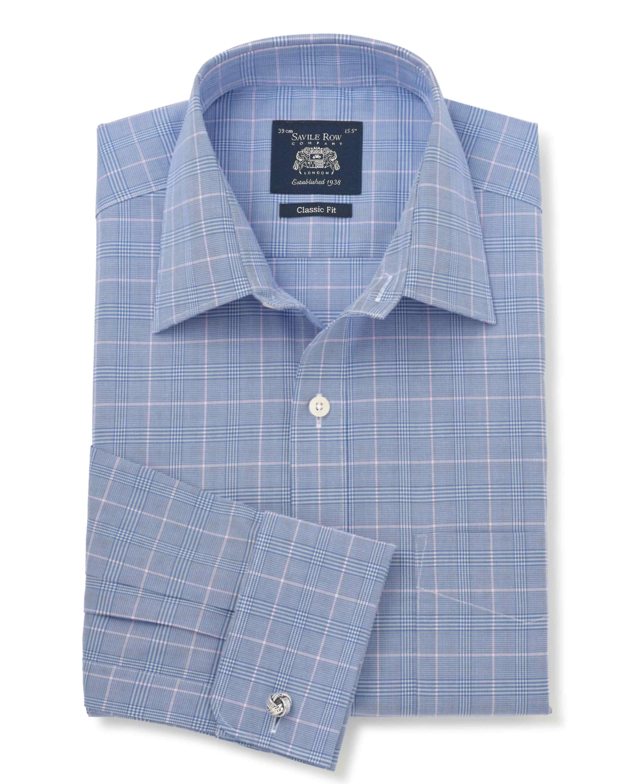 THE SAVILE ROW COMPANY LONDON Men's Classic Fit Cotton Poplin Double Cuff Formal Shirt - Navy Prince of Wales Check - 15.5" Collar