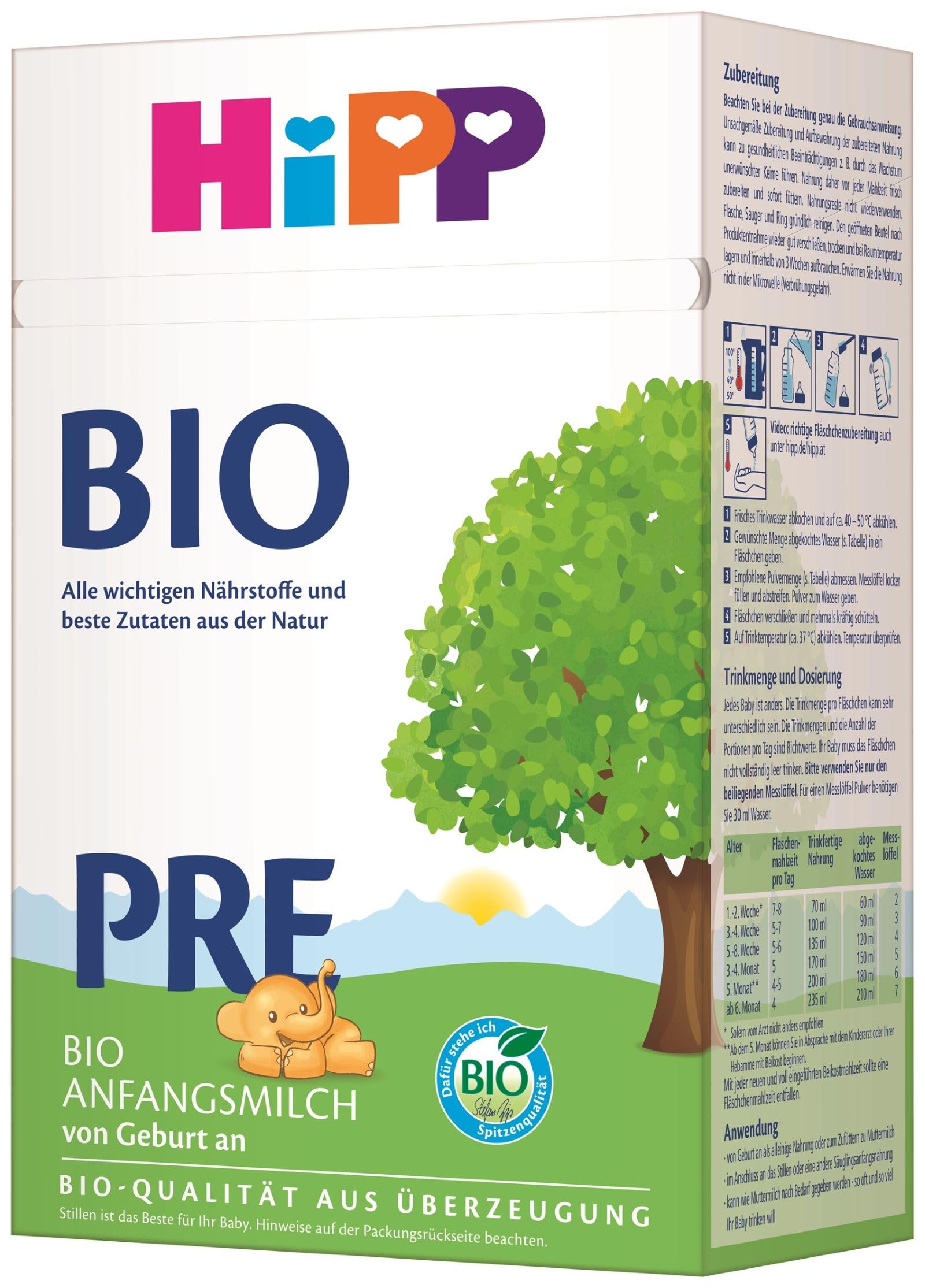 HiPP PRE Bio Anfangsmilch (4 x 600g), von Geburt an, enthält nur Lactose als Kohlenhydrat, in bester Bio-Qualität