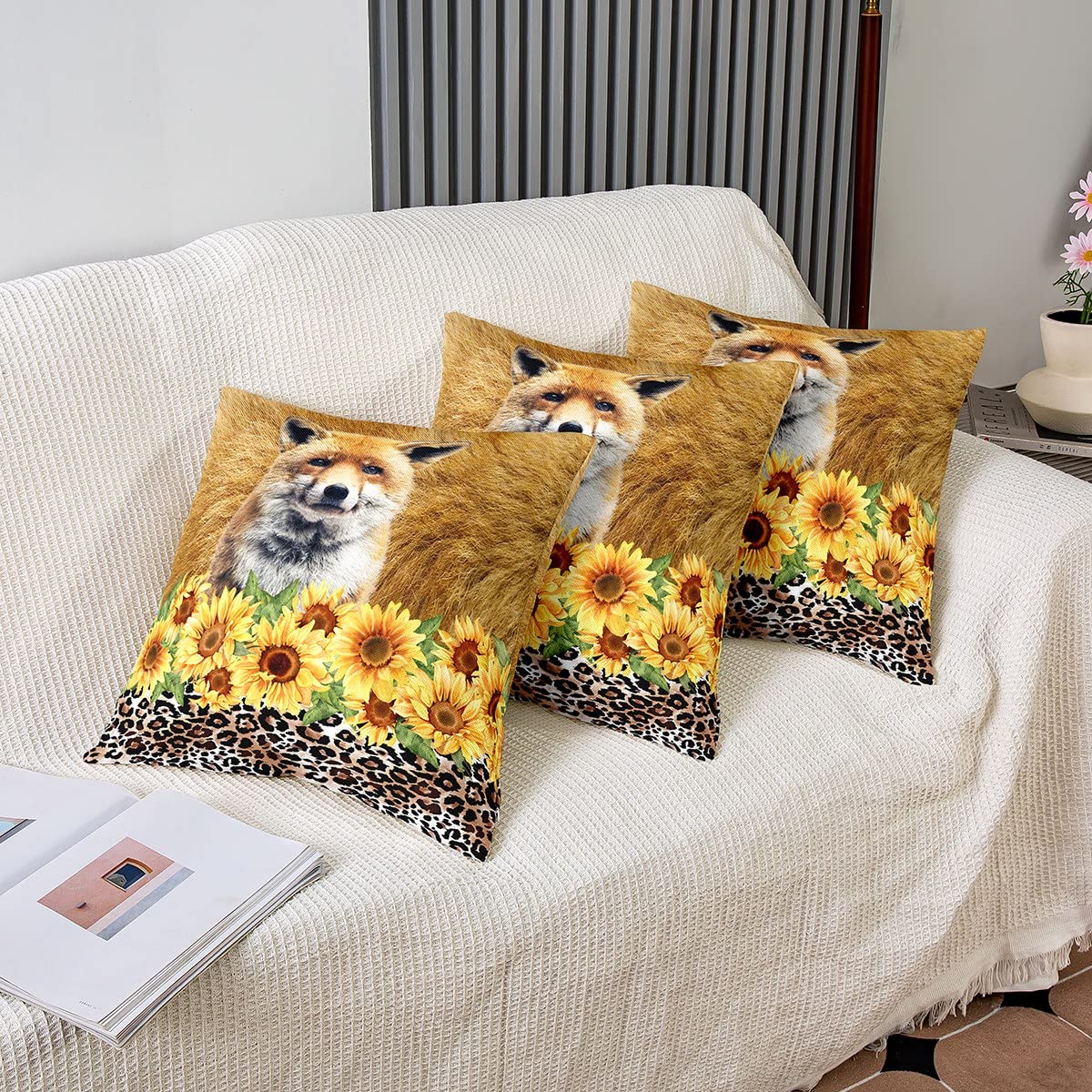 Homemissing Juego de 4 fundas de almohada decorativas de zorro, suaves, rústicas, de granja, girasol, leopardo, cuadradas, para sofá, dormitorio, vida silvestre, fundas de almohada de 20 x 20 pulgadas