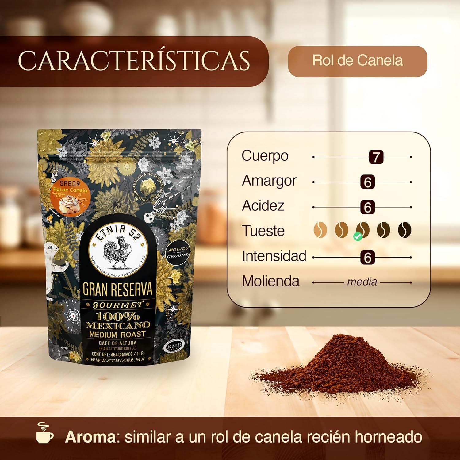 Etnia 52, Café de Altura Sabor Rol de Canela, Tueste Medio, Molido, 454 gramos