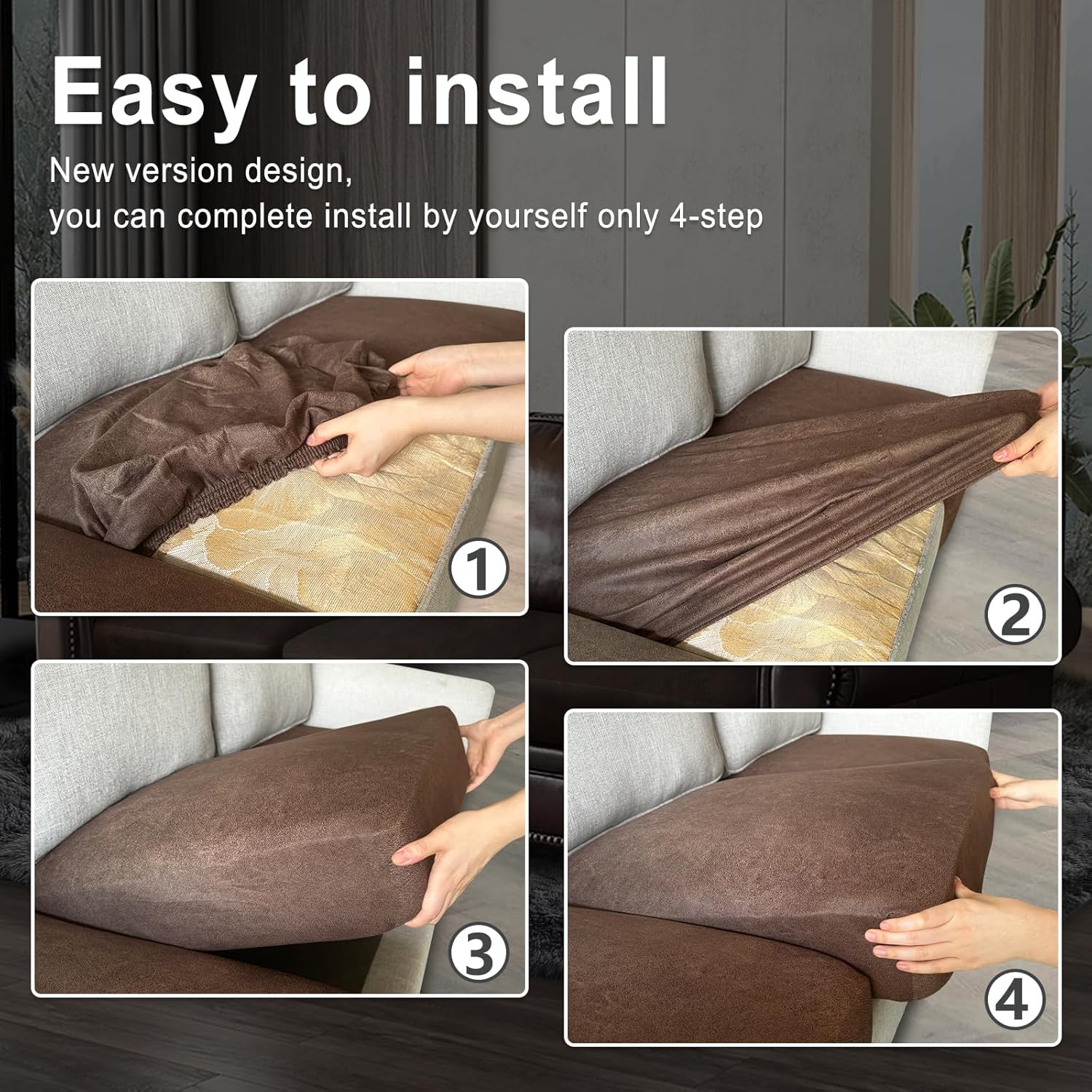 Leather Look Couch Cushion Covers Sofa Seat Slipcovers Sets Couches Furniture Protector for Sectional Armchair Loveseat Pets Kids Stretch Spandex Fabric (1 Cushion XL Sofa, Brown)