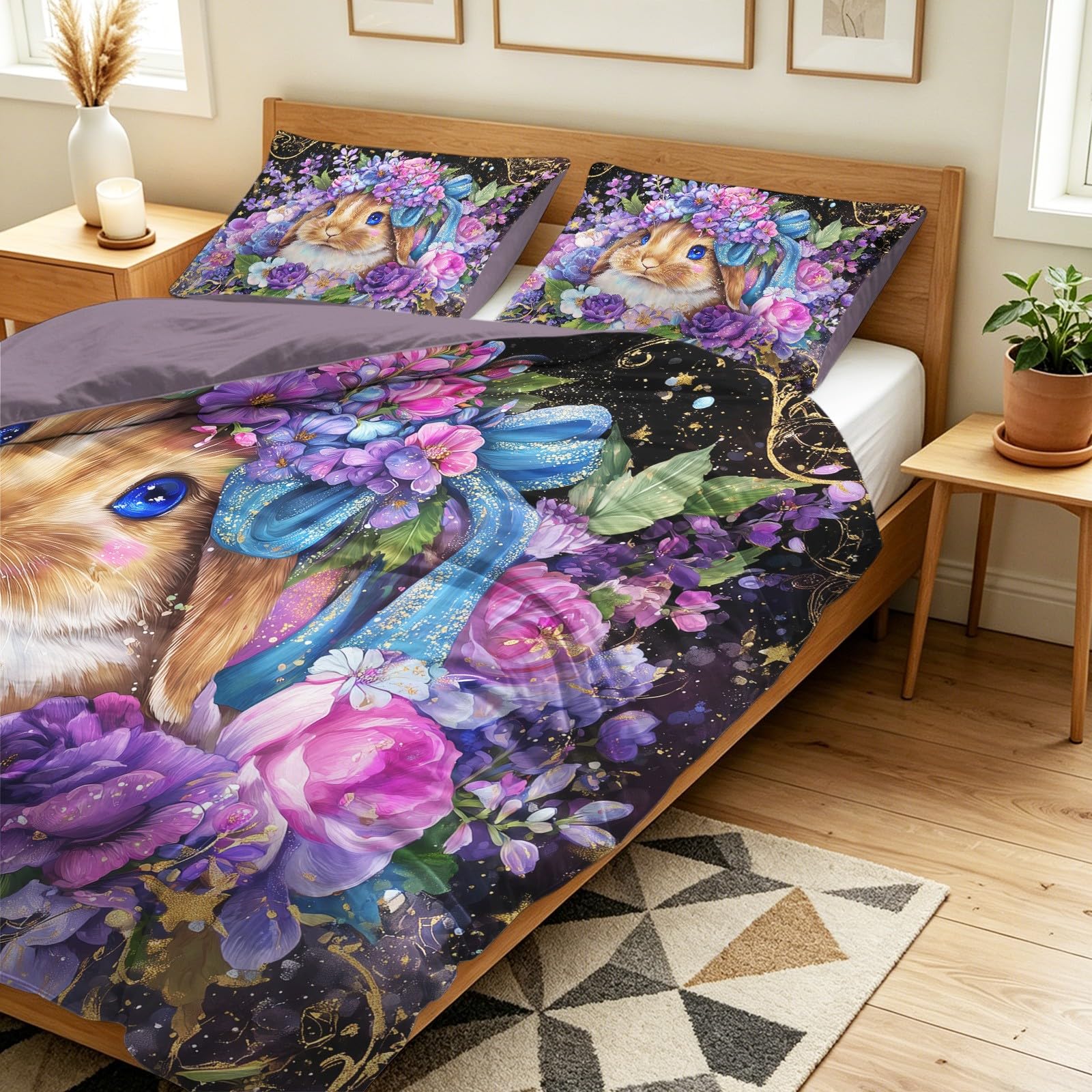 Generisch Fantastyczna pościel kwiatowa 200 x 200 cm, 3-częściowy zestaw pościeli – słodkie zwierzęta, króliki, miękka pościel z mikrofibry, dwustronna pościel z 2 poszewkami na poduszki, fioletowa